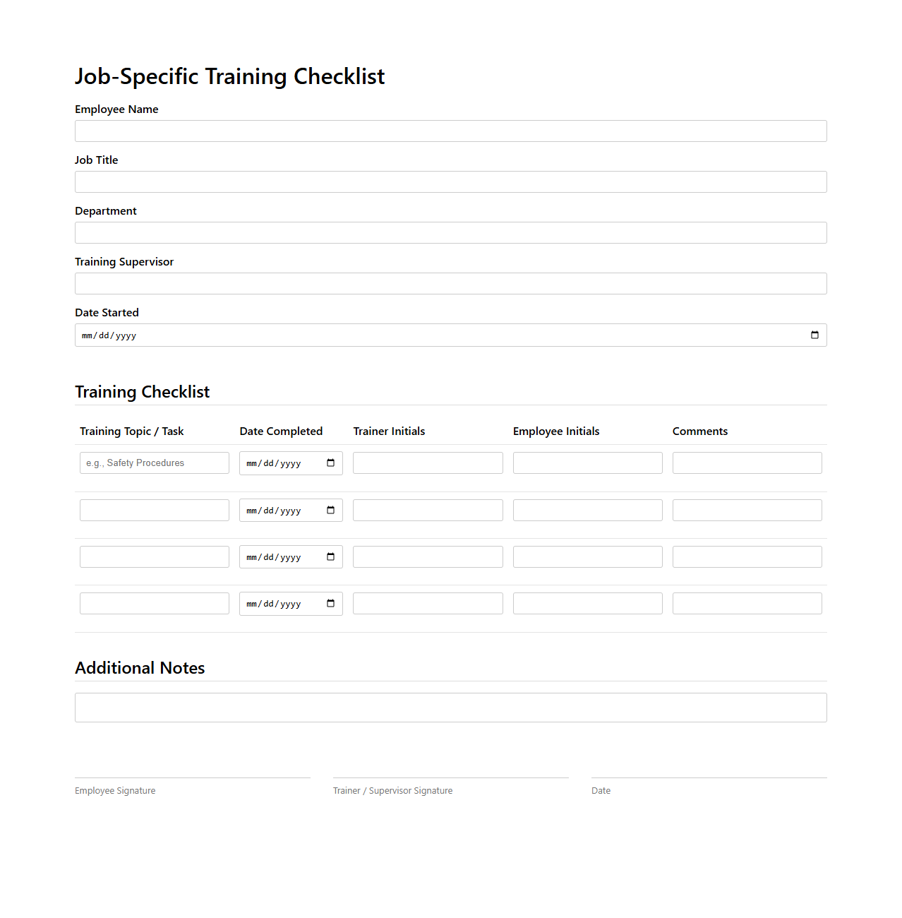 Job-Specific Training Checklist Template for Employees