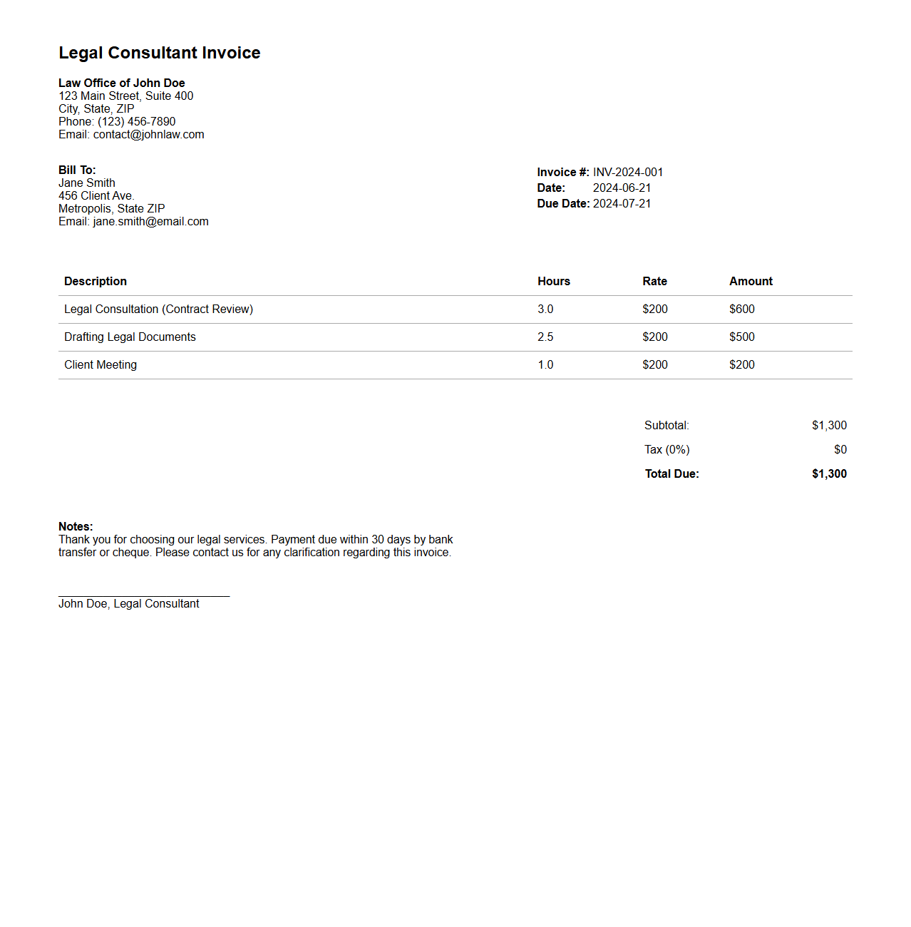 Legal Consultant Invoice Sample