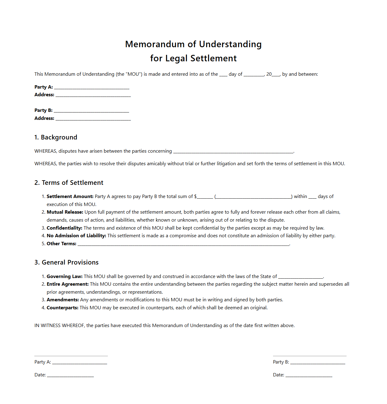 Legal Settlement Memorandum of Understanding Template