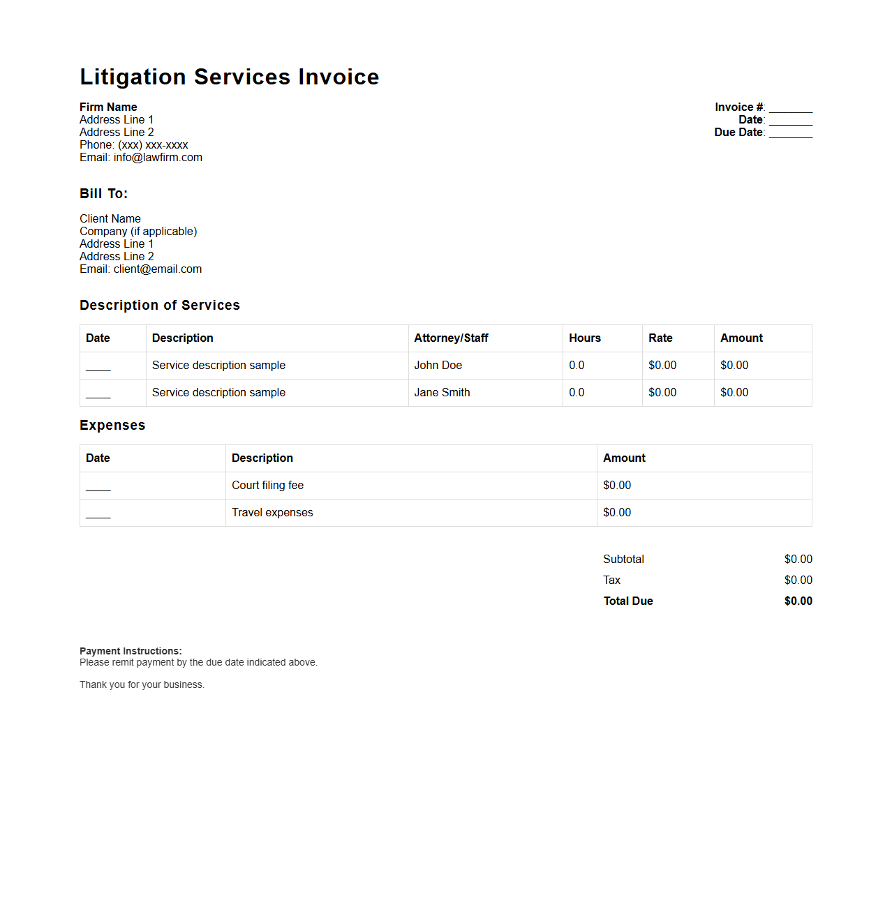 Litigation Services Invoice Template