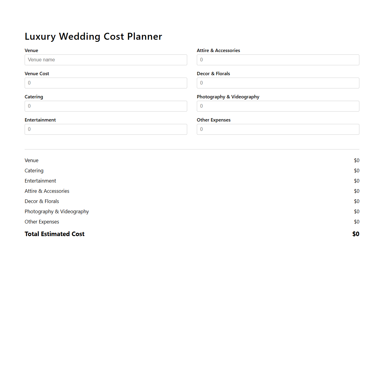 Luxury Wedding Cost Planner