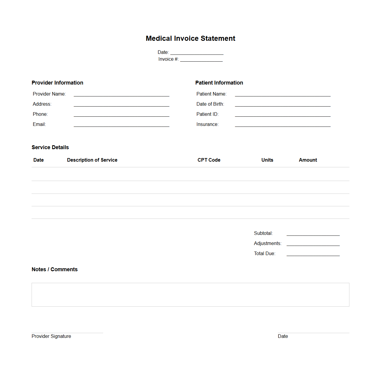 Medical Invoice Statement Blank Sheet