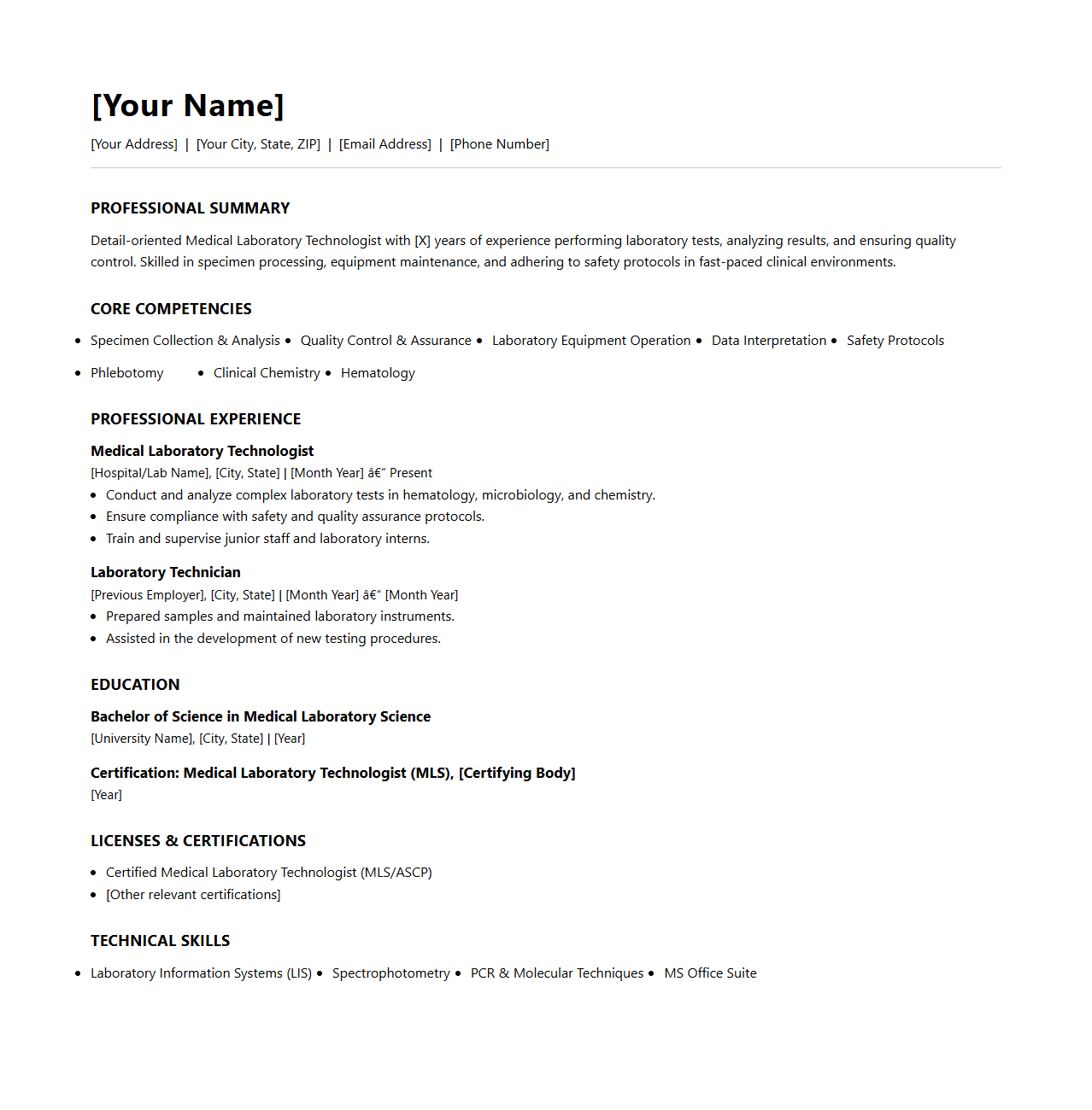 Medical Laboratory Technologist Resume Template