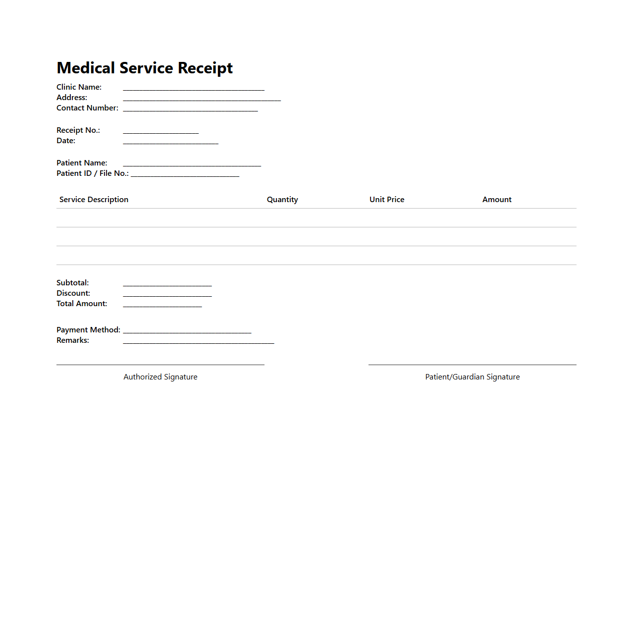 Medical Service Receipt Template for Clinics