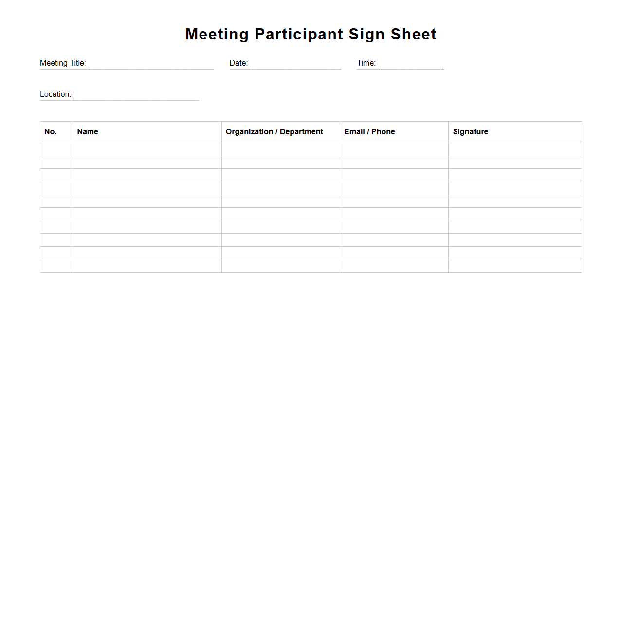Meeting Participant Sign Sheet Layout
