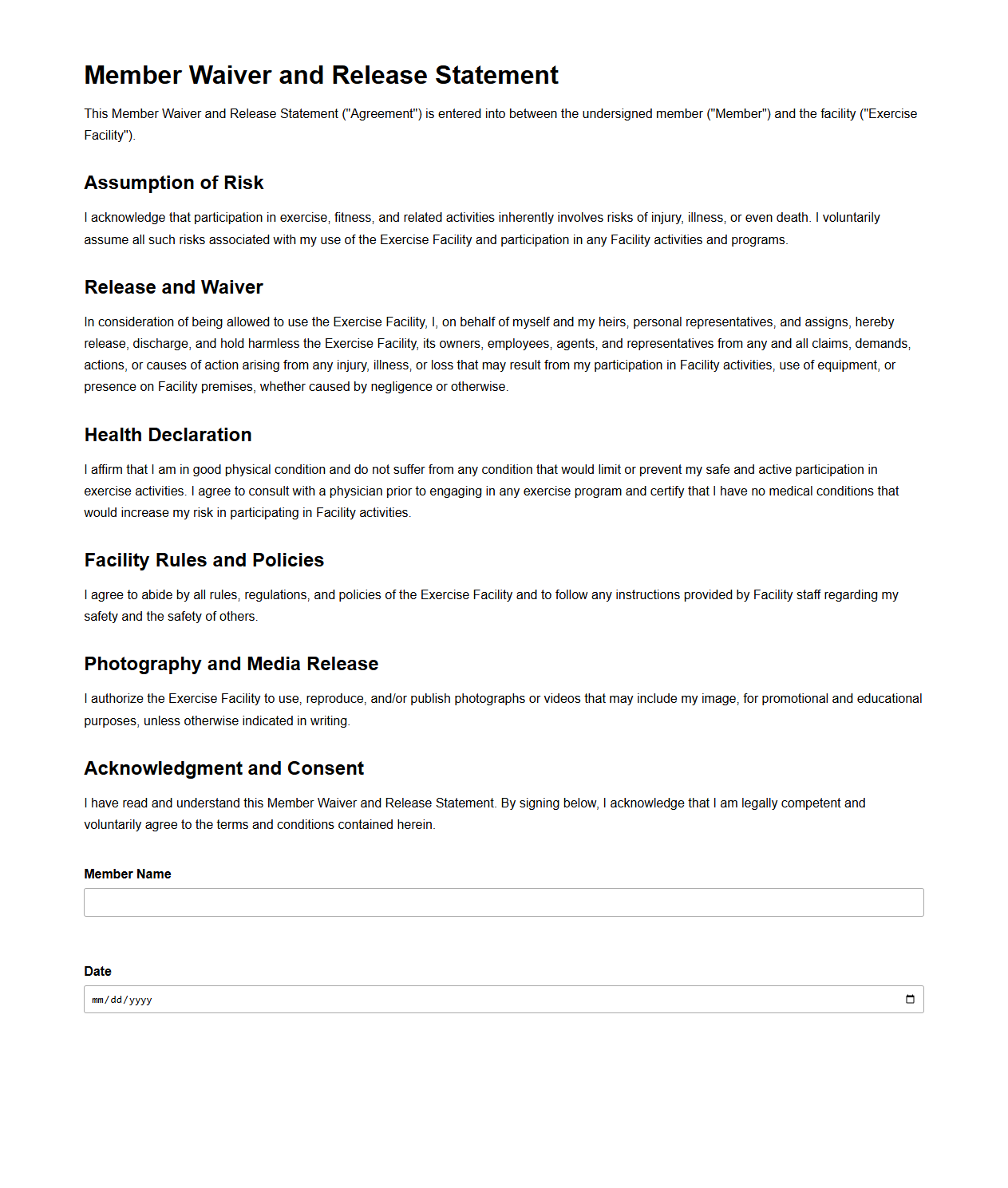 Member Waiver and Release Statement for Exercise Facilities