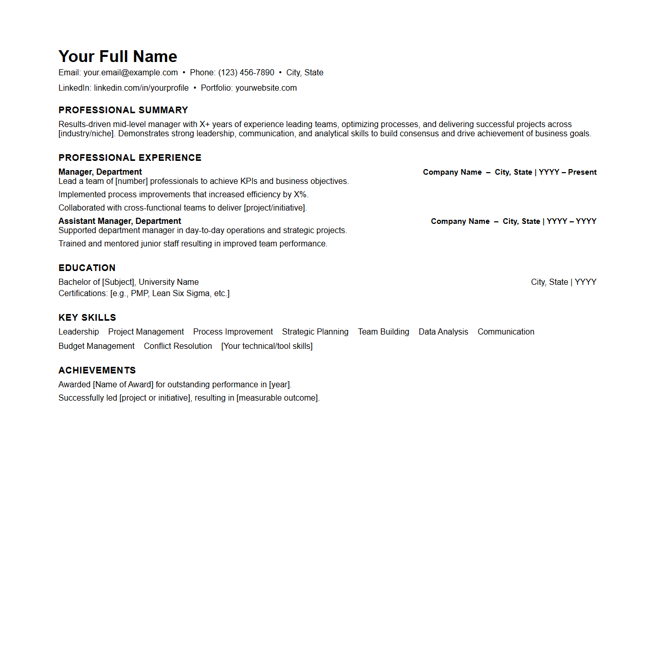 Mid-Level Manager Resume Template