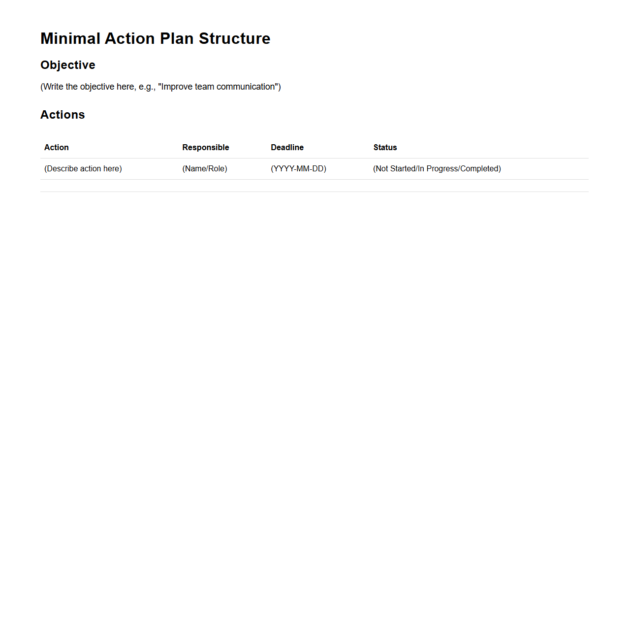 Minimal Action Plan Structure for Objectives