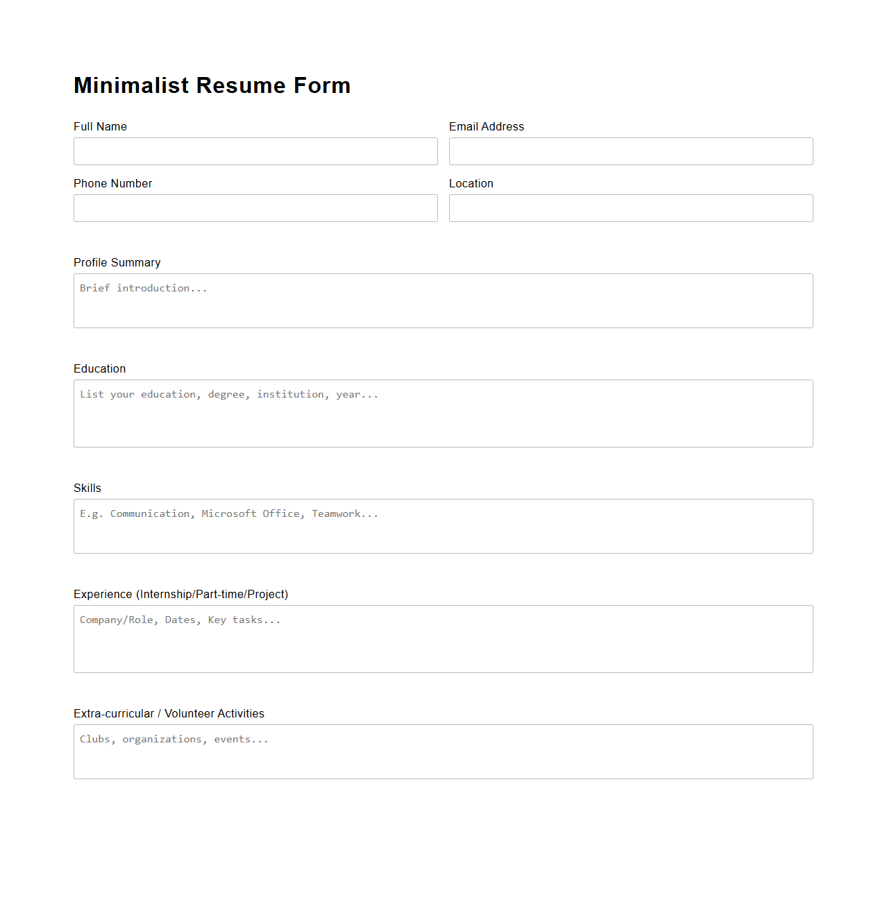 Minimalist Blank Resume Form for Career Starters