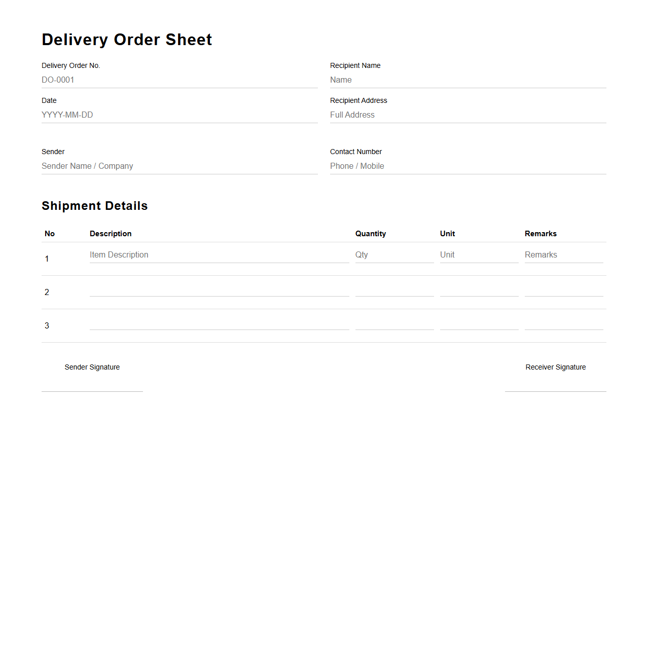 Minimalist Delivery Order Sheet for Shipments