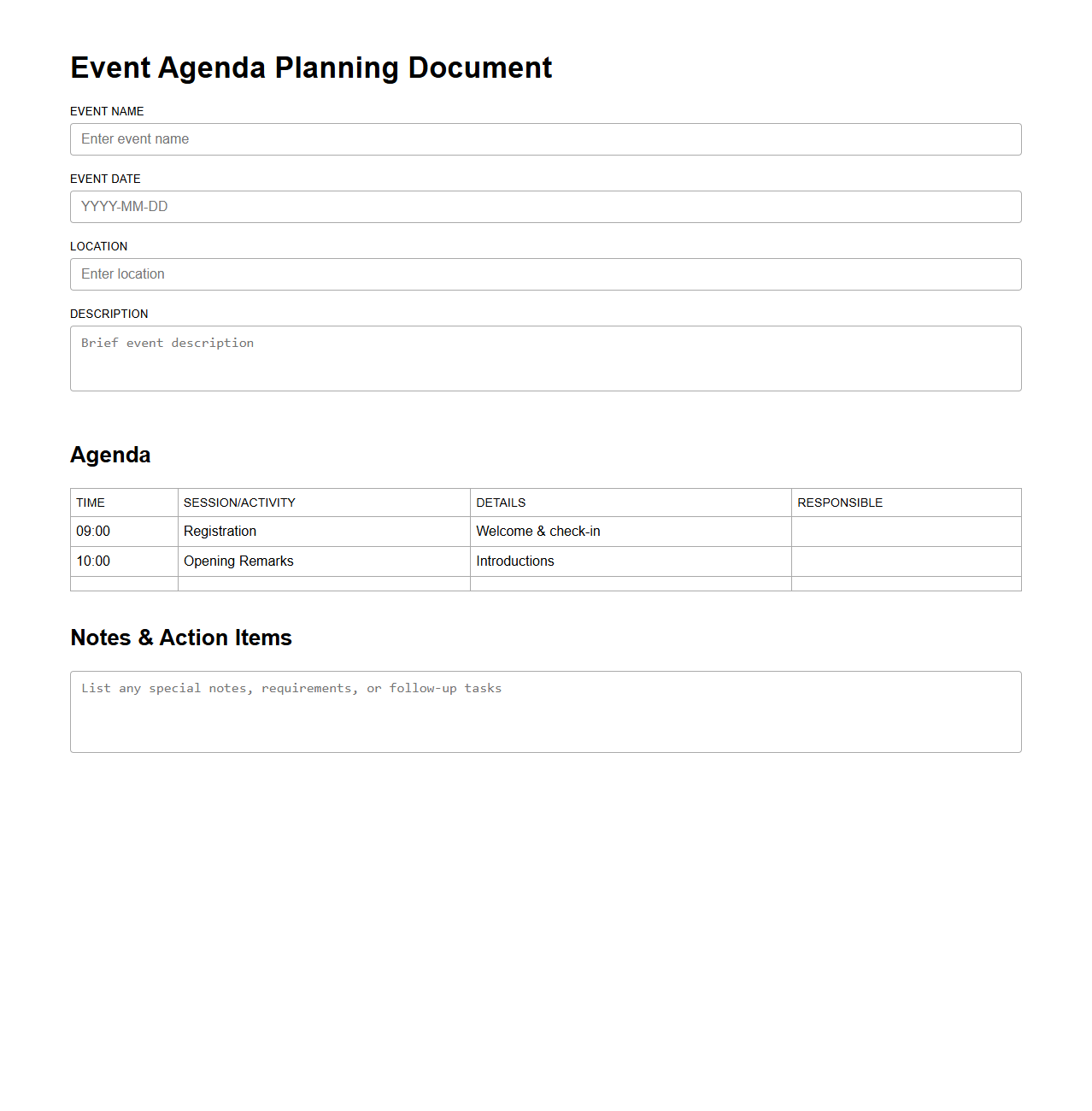 Minimalist Event Agenda Planning Document