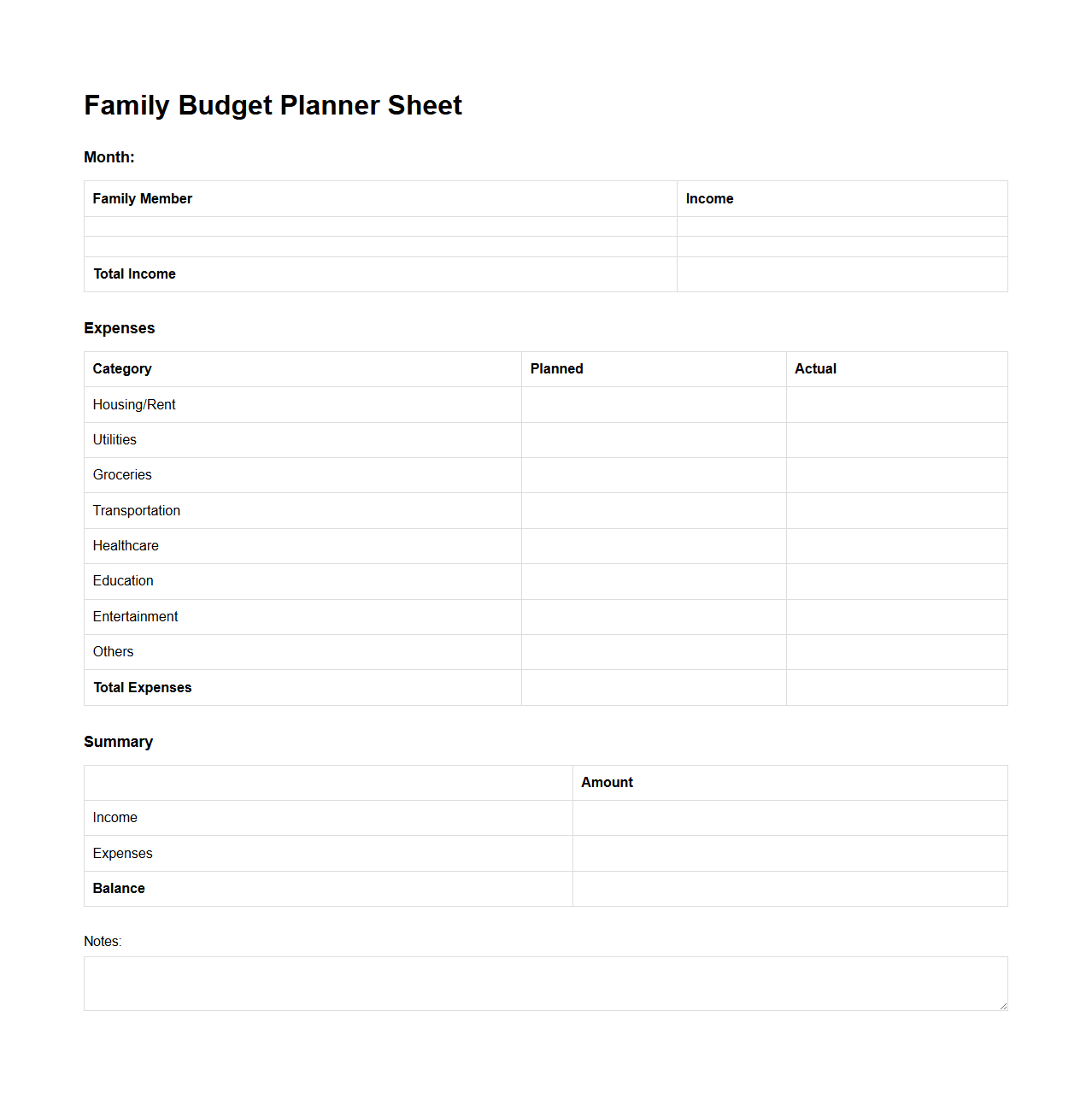 Minimalist Family Budget Planner Sheet