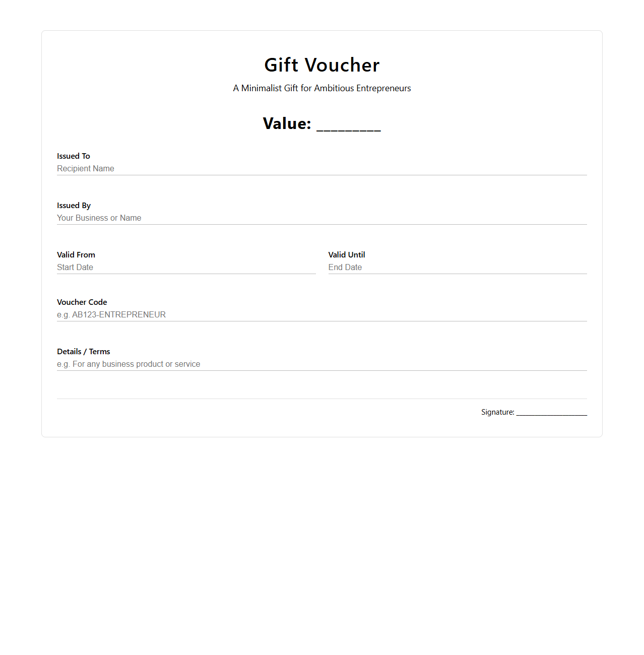 Minimalist Gift Voucher Template for Entrepreneurs