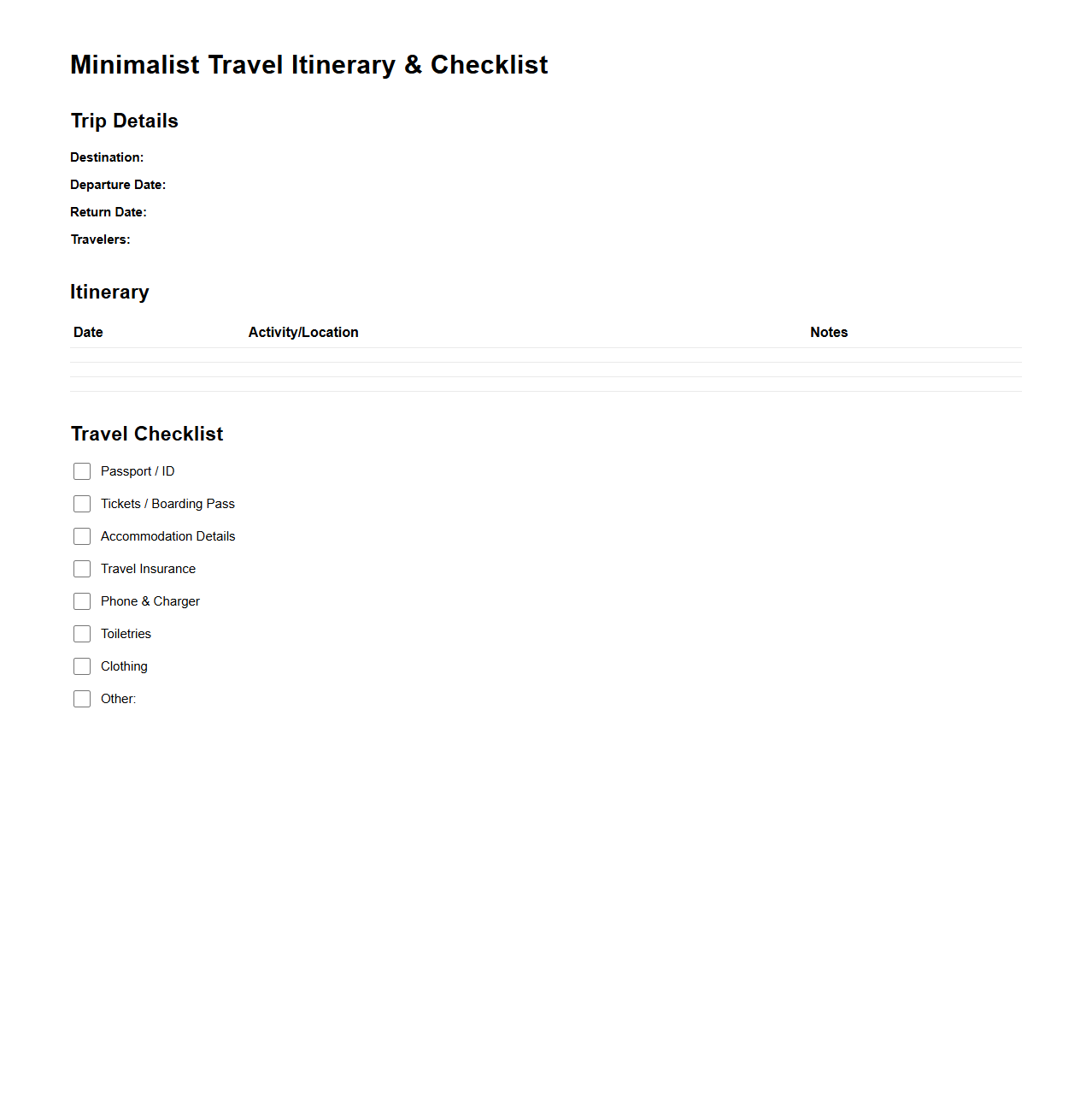 Minimalist Travel Itinerary and Checklist Template