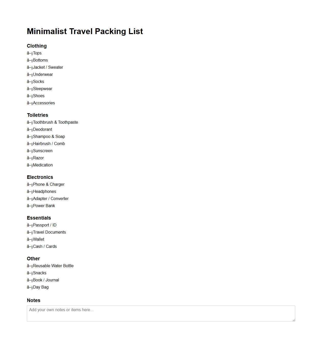 Minimalist Travel Packing List Template