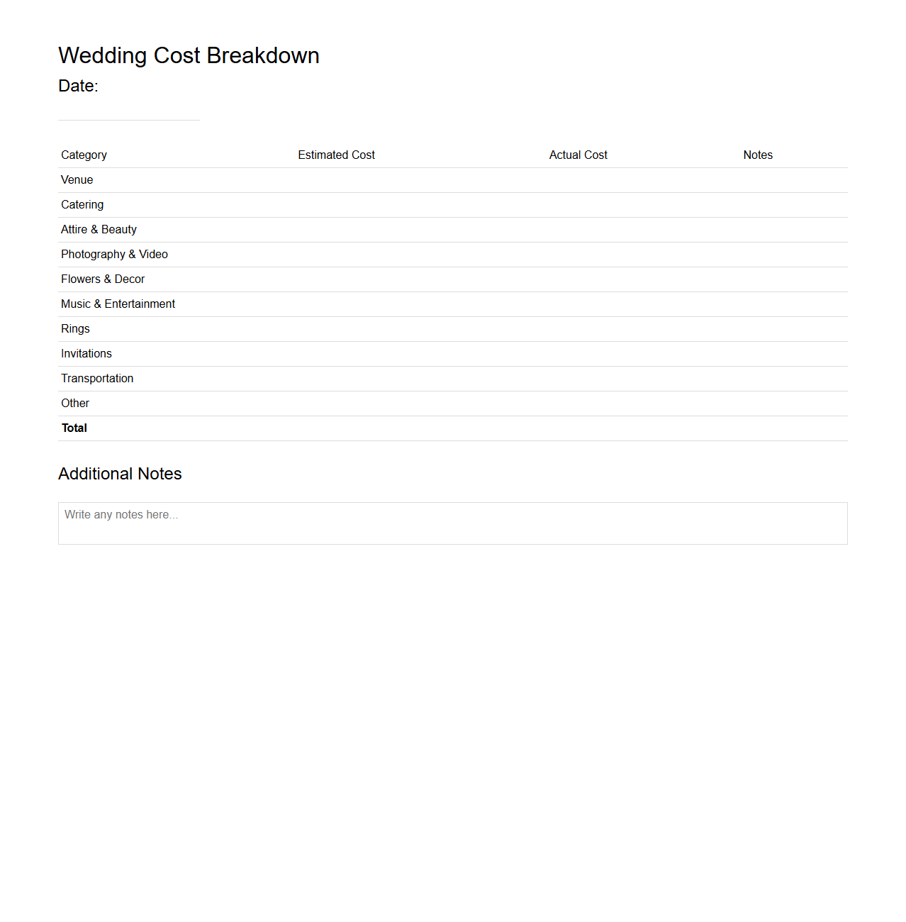 Minimalist Wedding Cost Breakdown Template