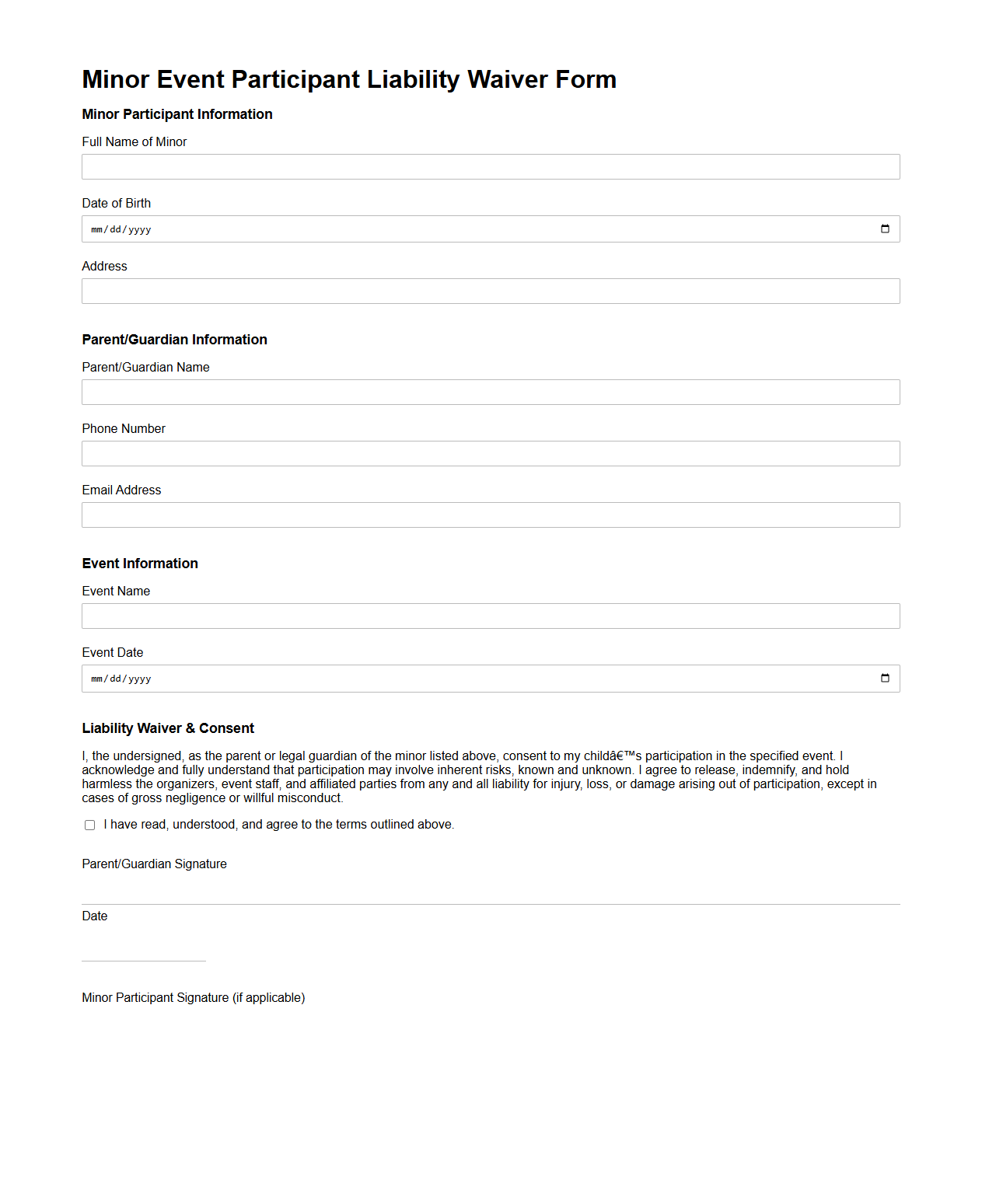 Minor Event Participant Liability Waiver Form