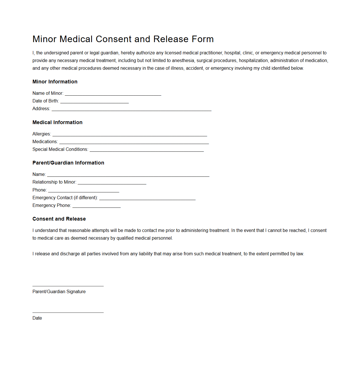 Minor Medical Consent and Release