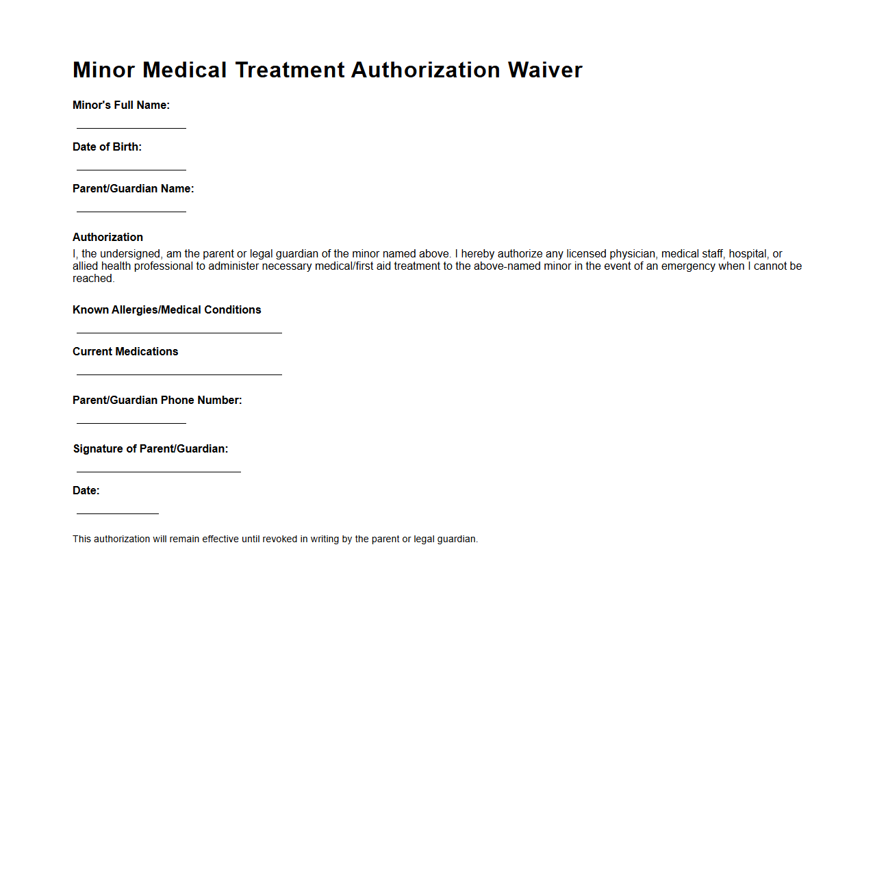 Minor Medical Treatment Authorization Waiver