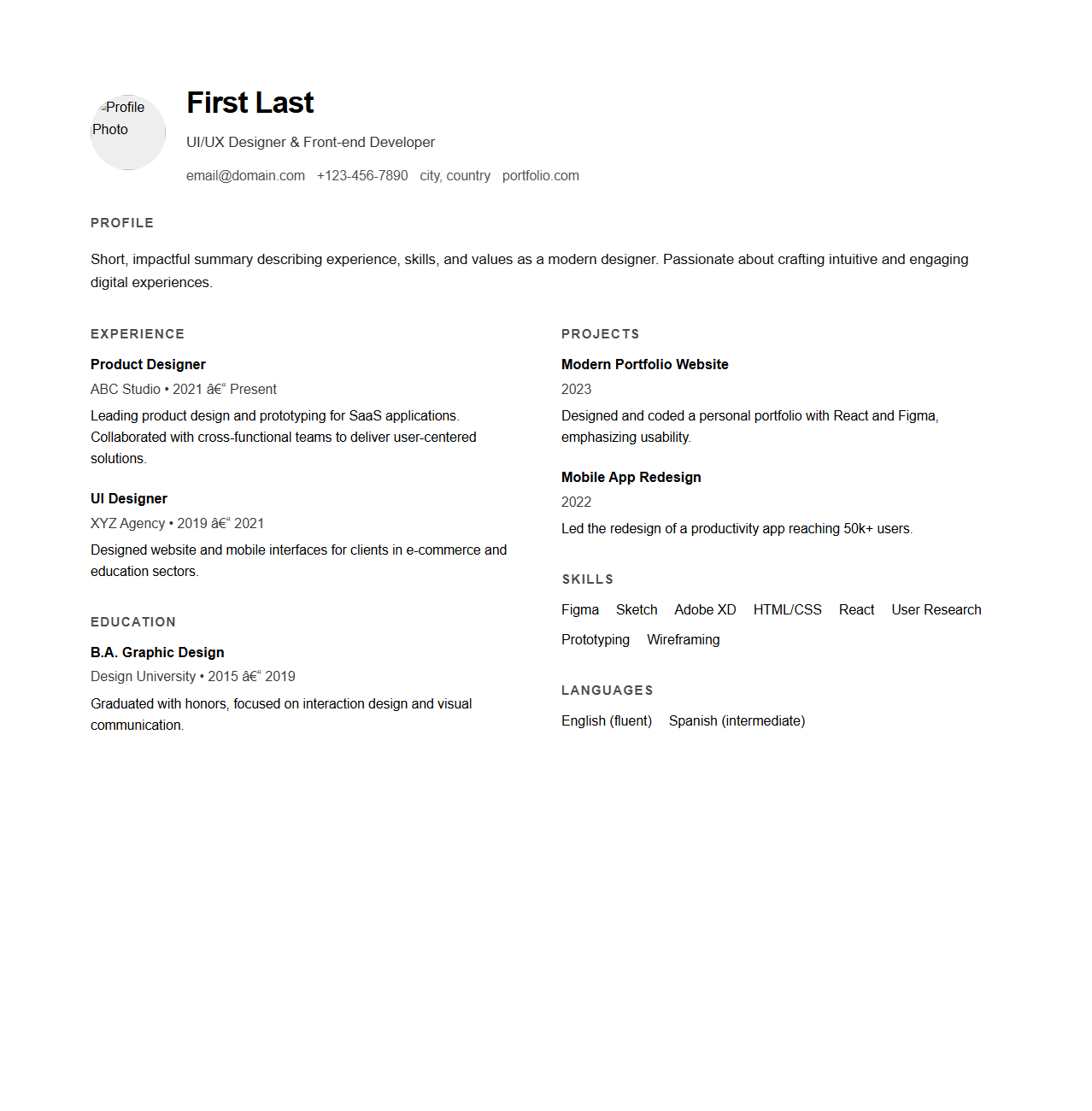 Modern Design Portfolio Resume Template