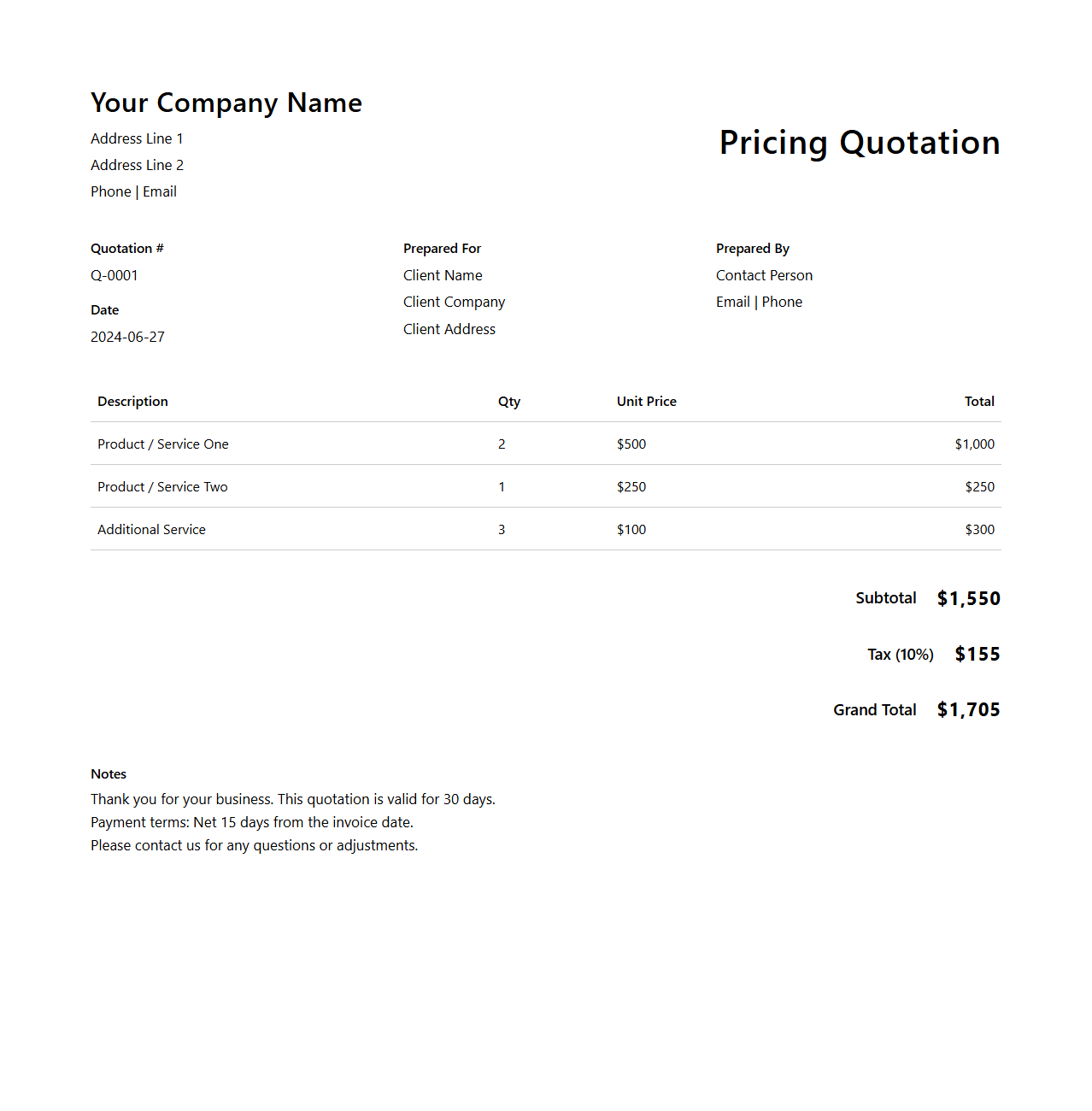 Modern Design Pricing Quotation Format