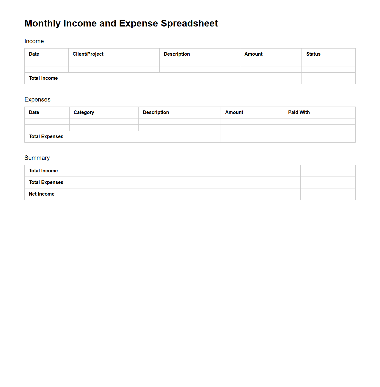 Monthly Income and Expense Spreadsheet for Freelancers