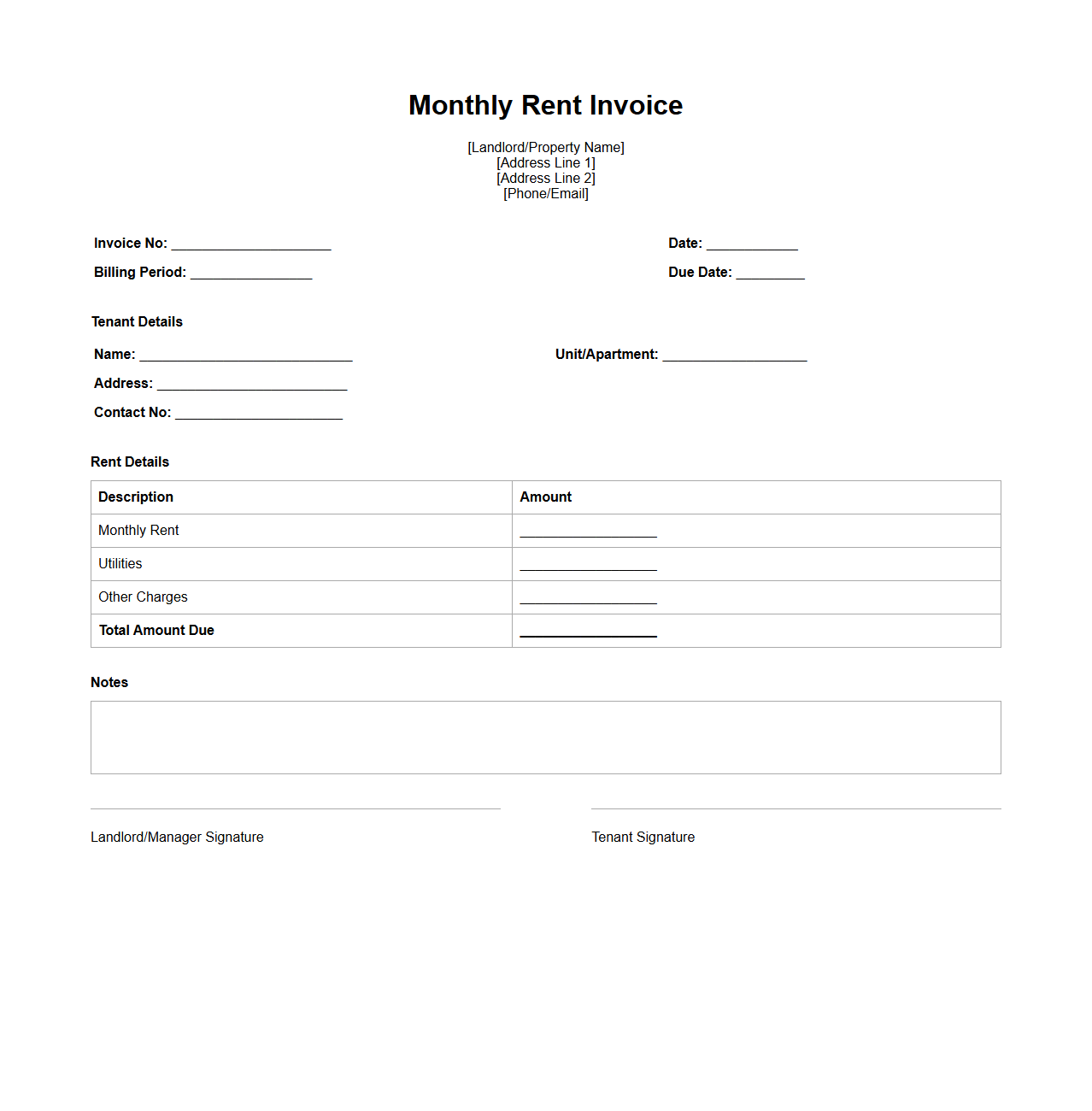 Monthly Rent Blank Invoice Format