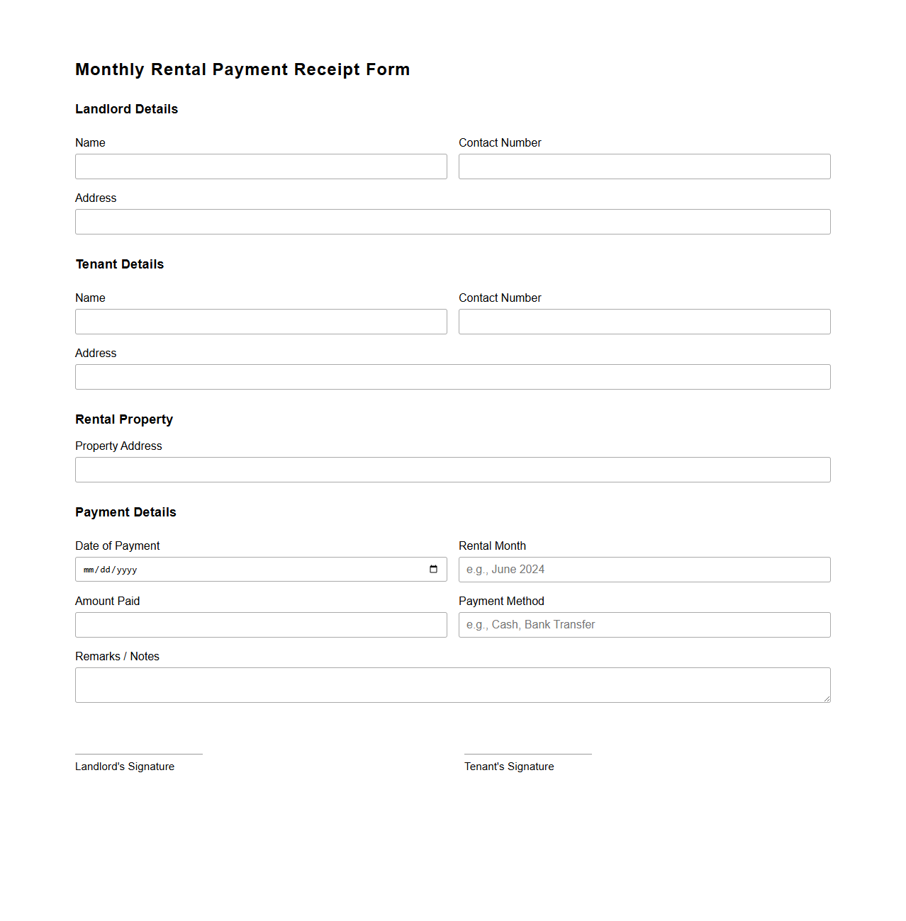 Monthly Rental Payment Receipt Form for Landlords