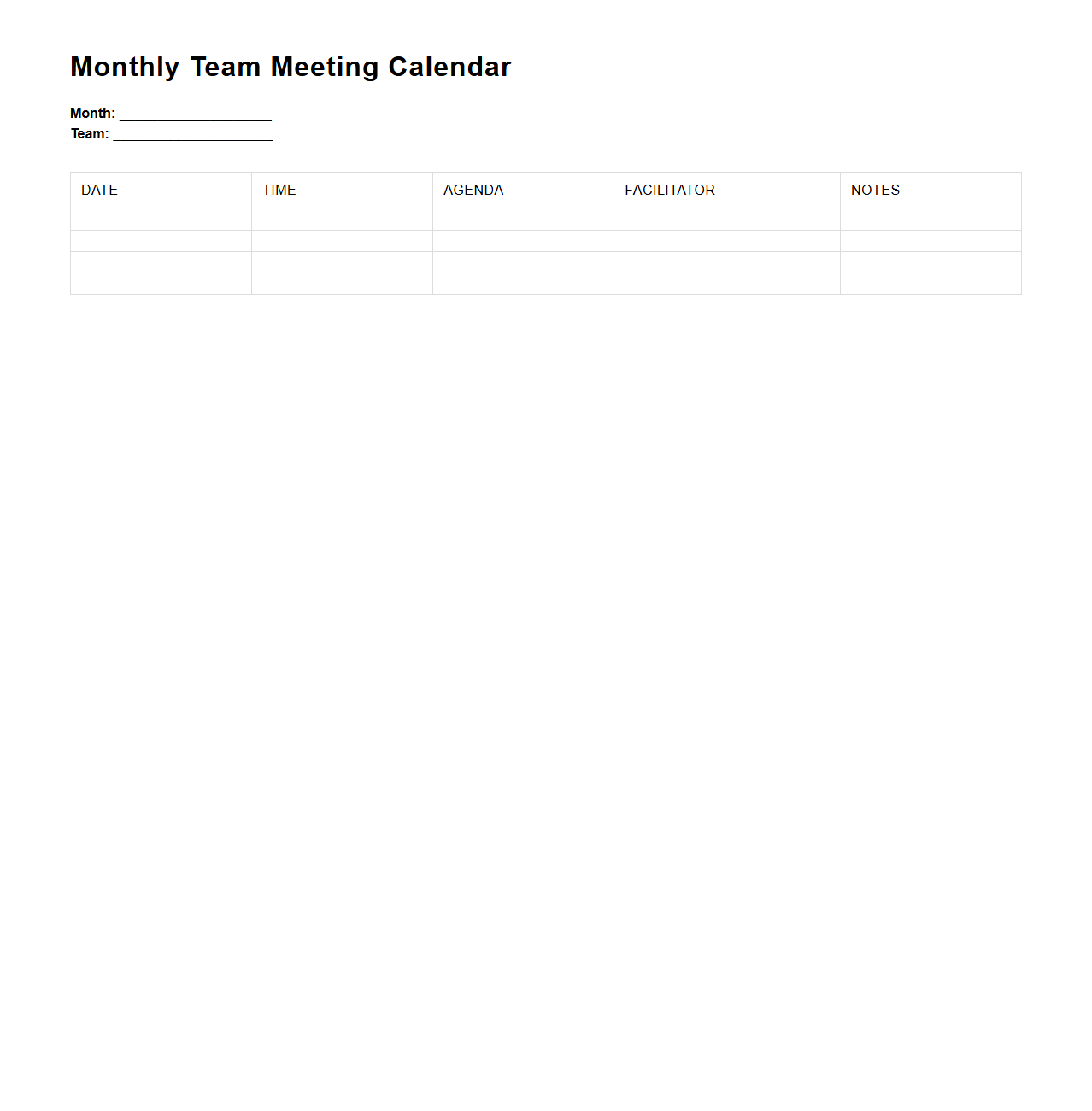 Monthly Team Meeting Calendar Template