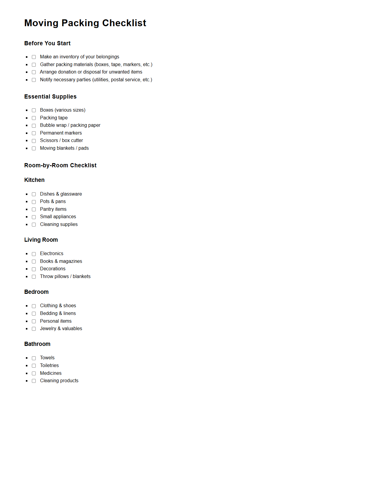 Moving Packing Checklist Template