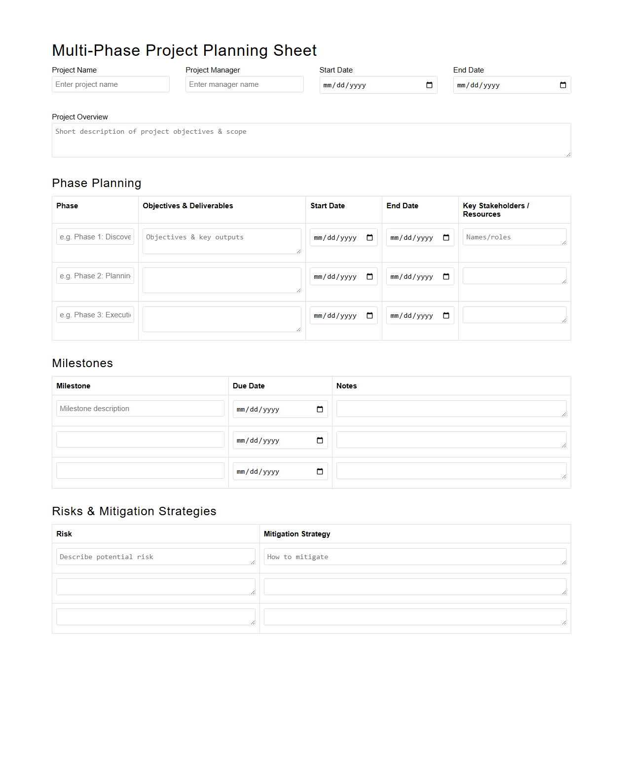 Multi-Phase Project Planning Sheet