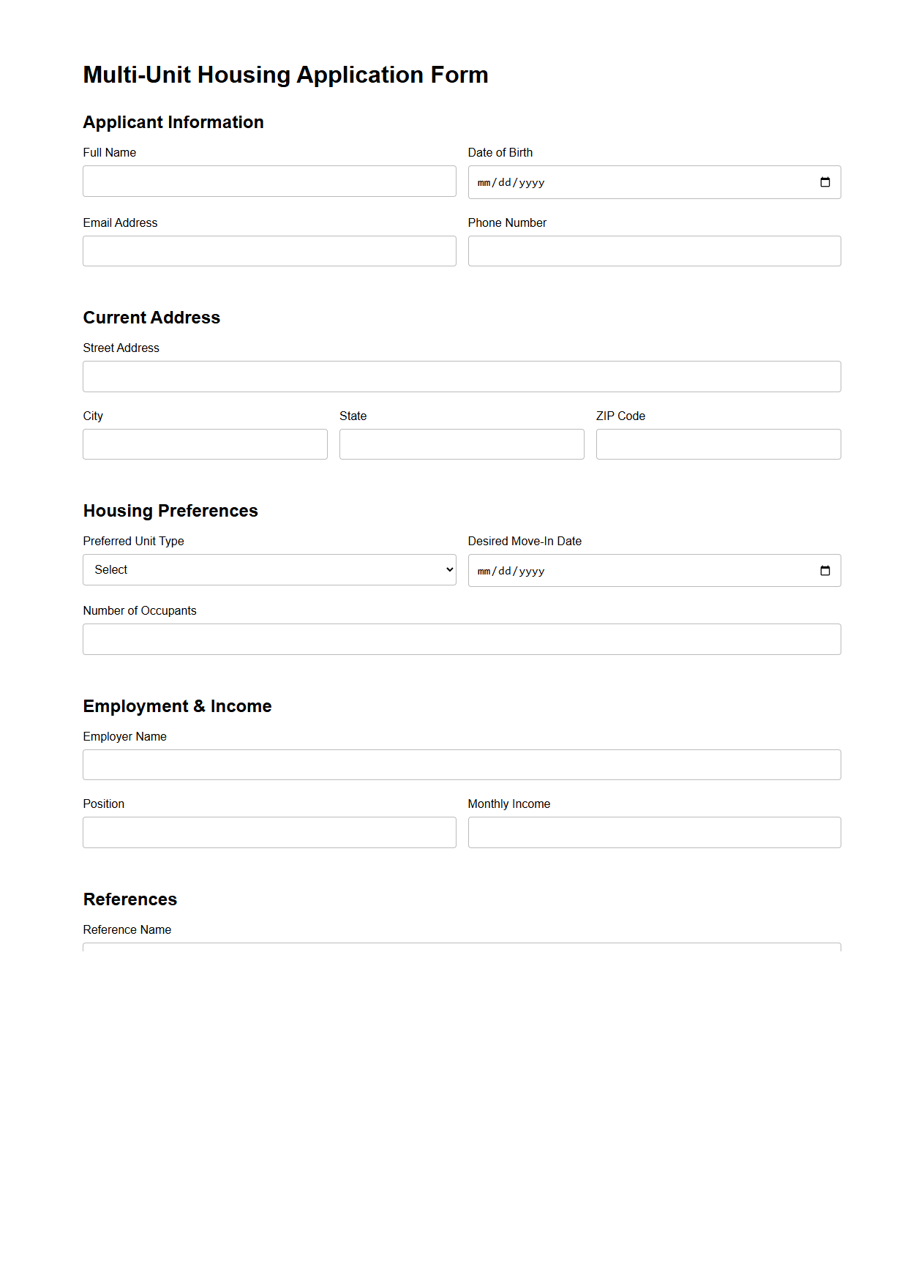 Multi-Unit Housing Application Form
