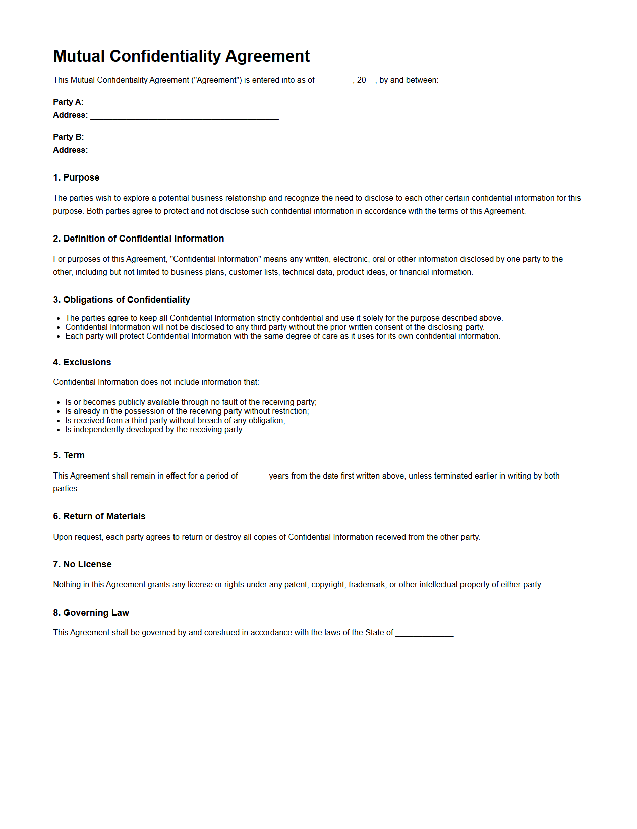 Mutual Confidentiality Agreement Template for Business Partners