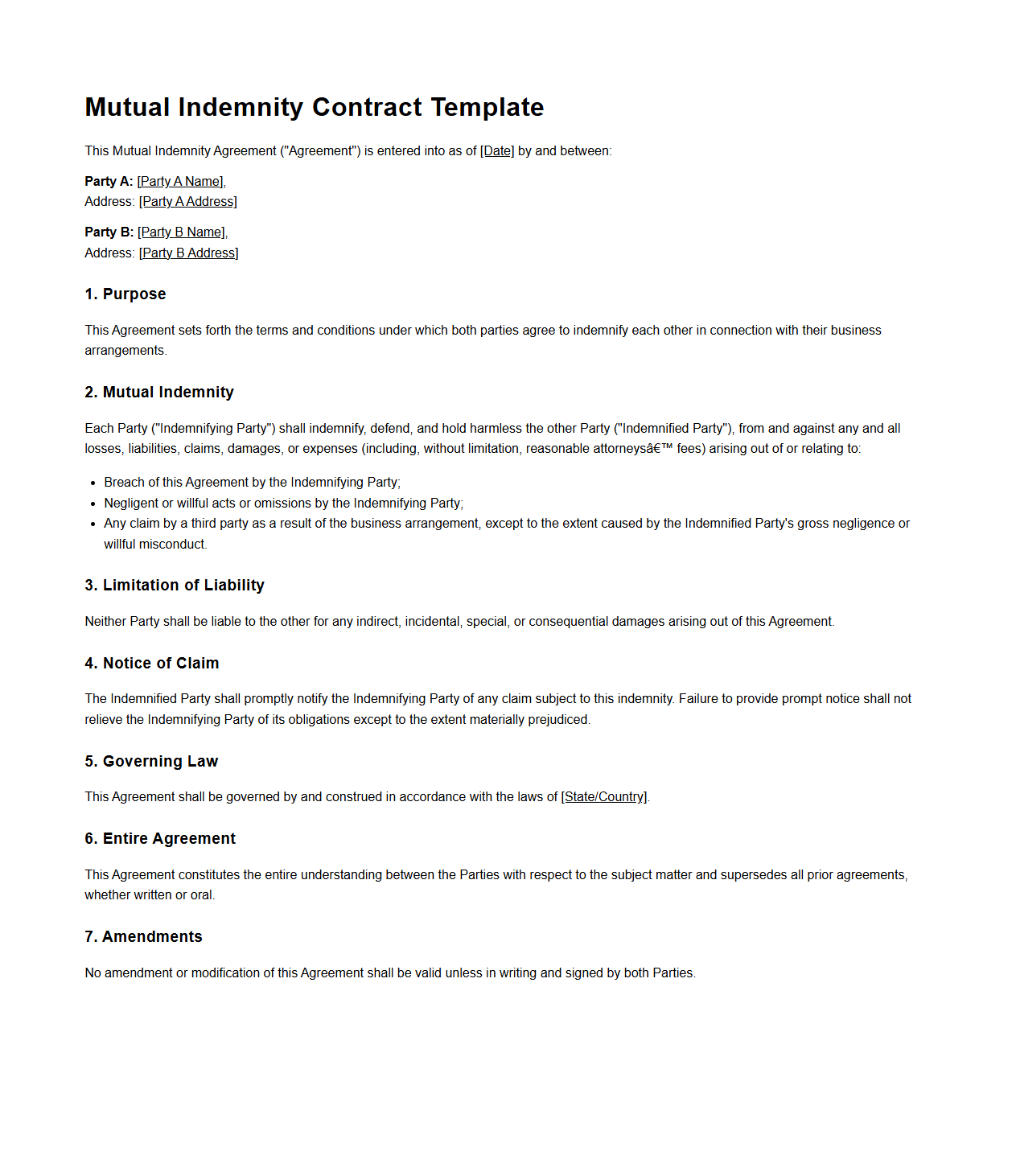 Mutual Indemnity Contract Template for Business Arrangements