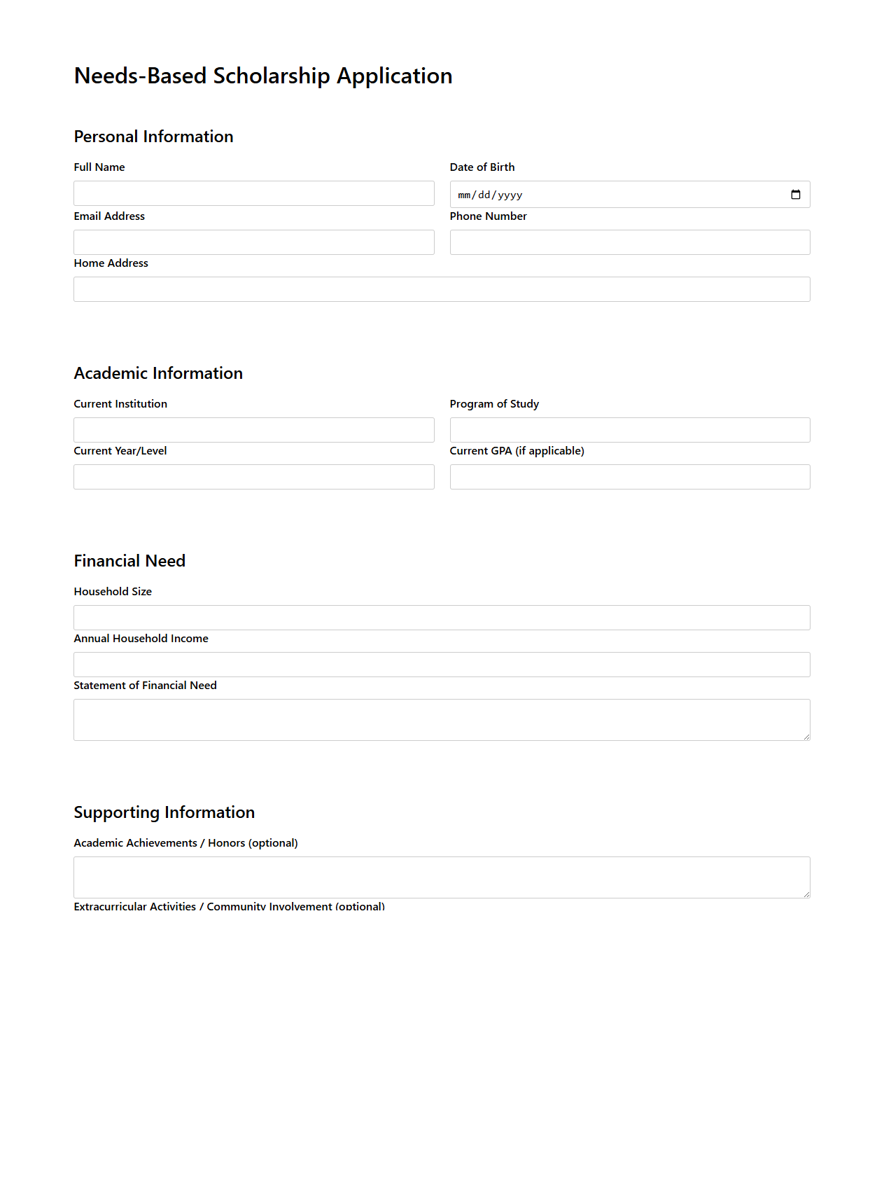 Needs-Based Scholarship Application Template