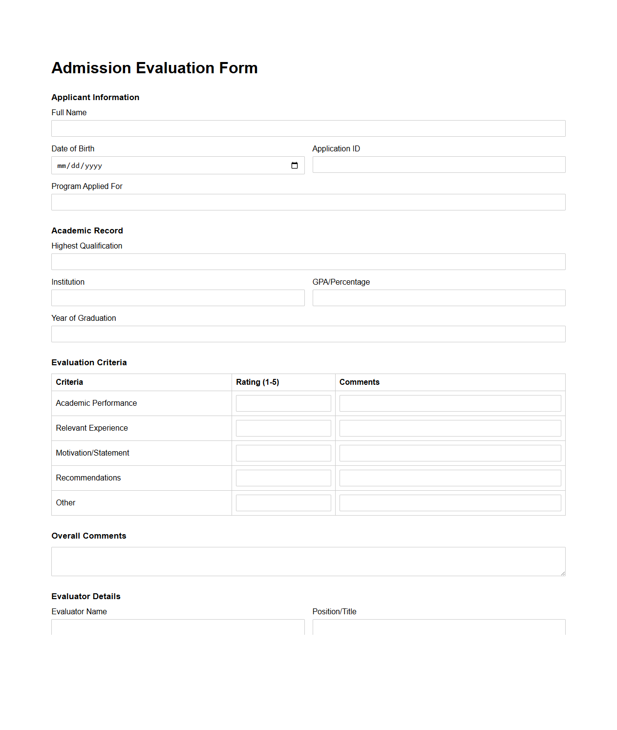 Neutral Admission Evaluation Form Template