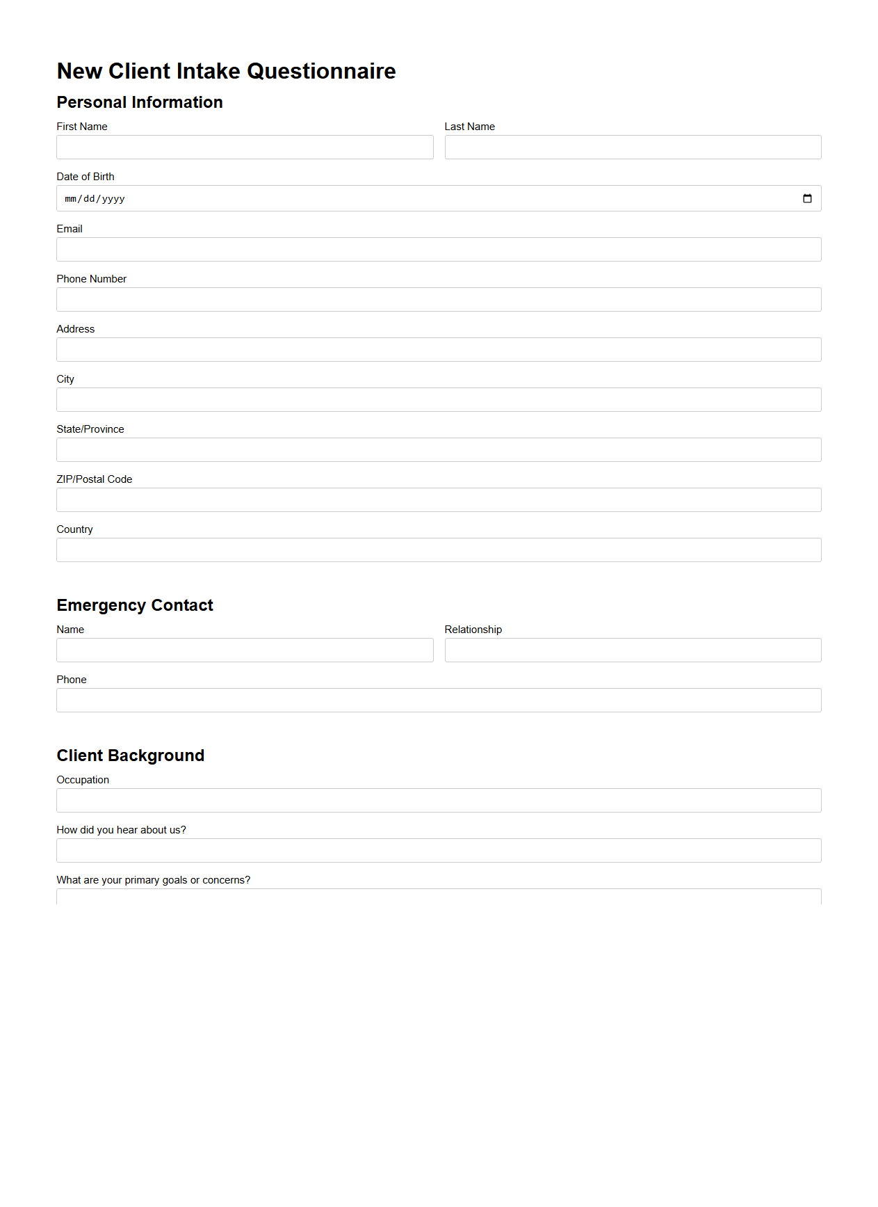 New Client Intake Questionnaire Template