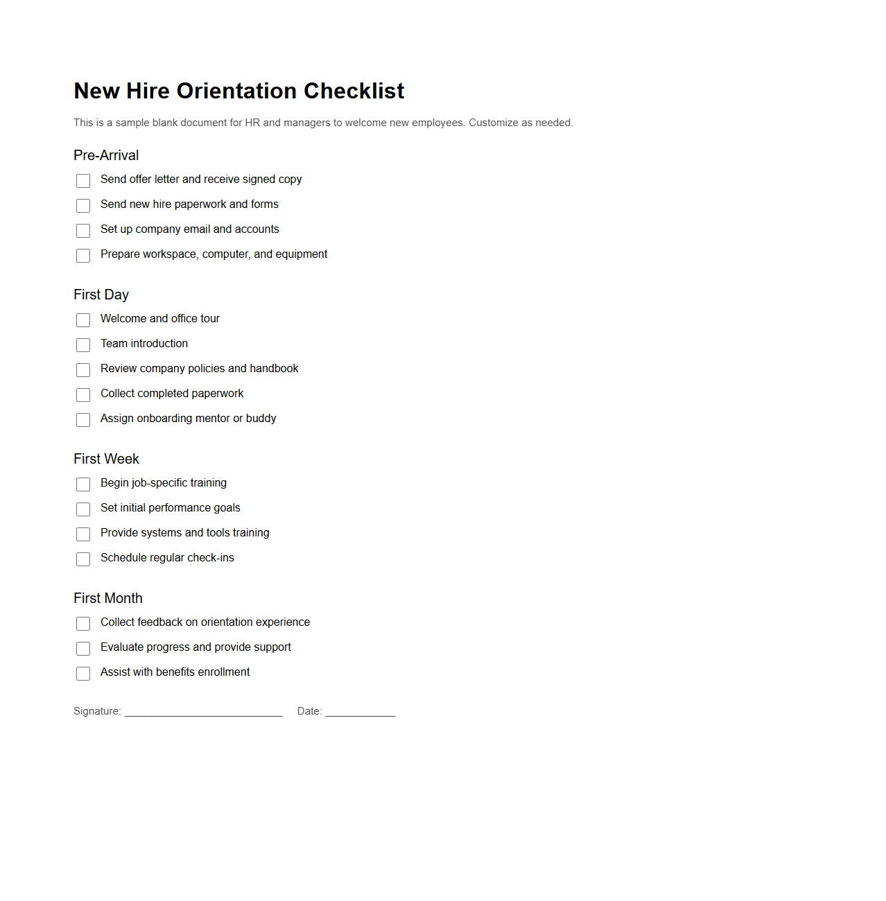 New Hire Orientation Checklist Template