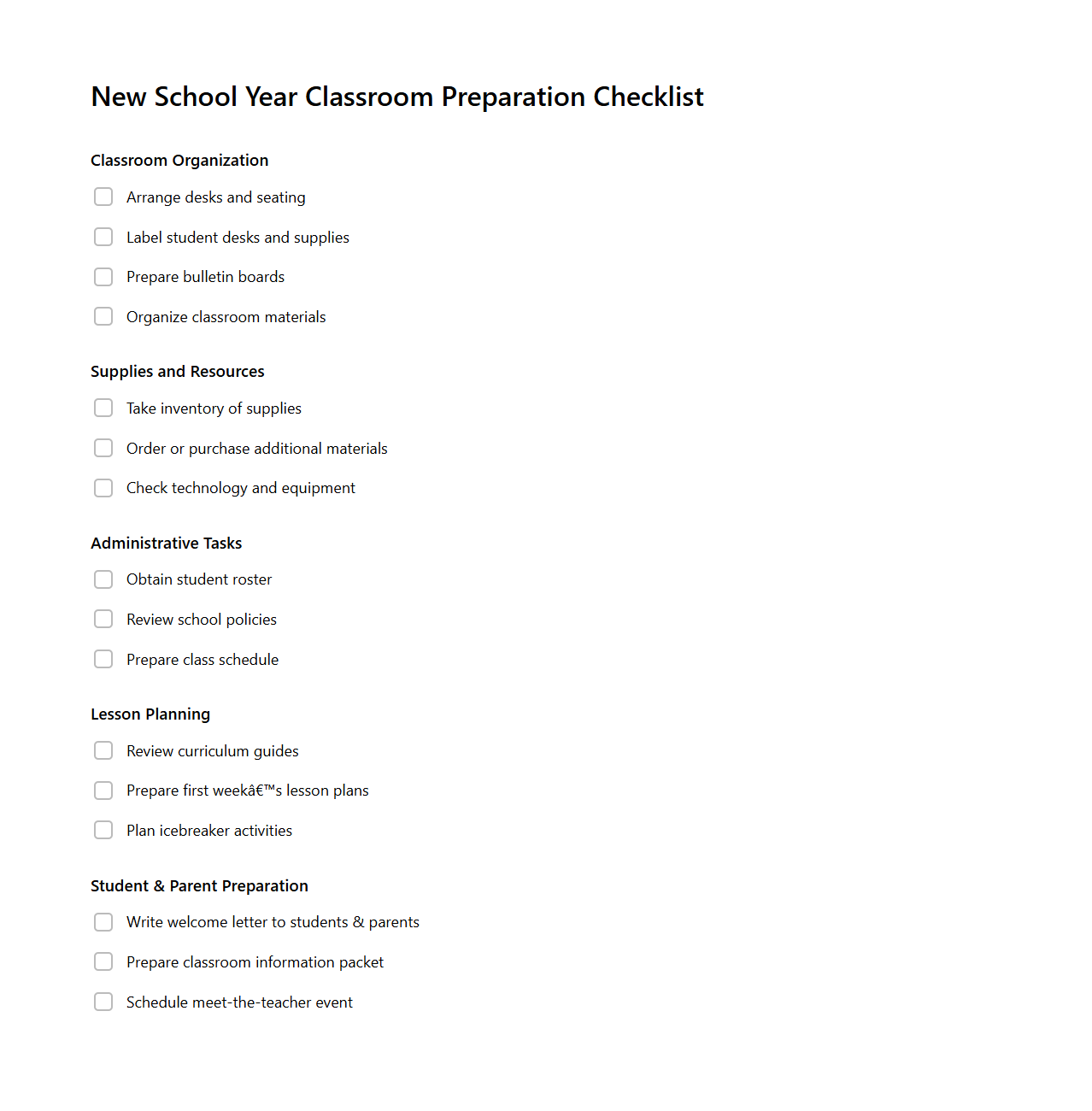 New School Year Classroom Preparation Checklist