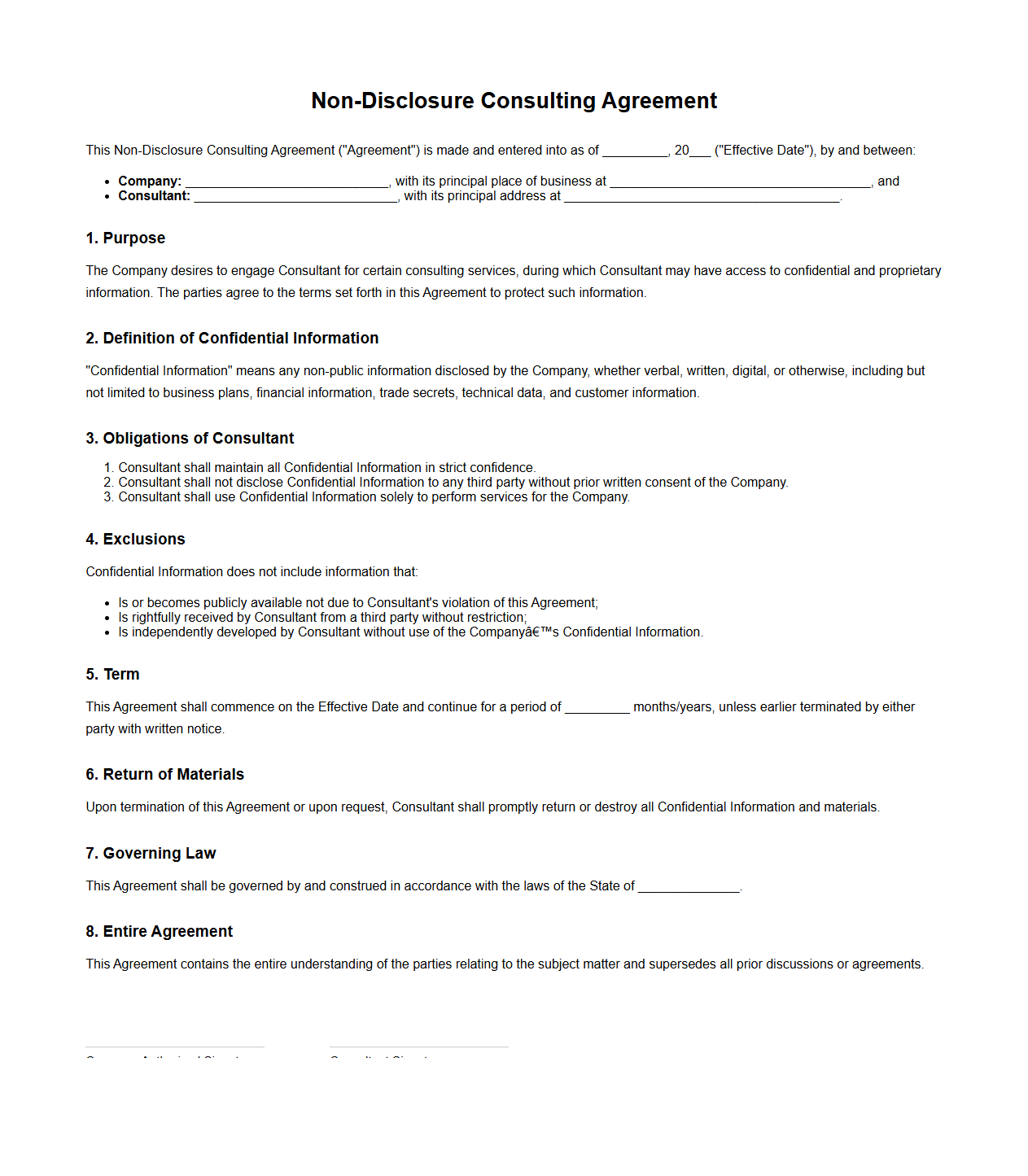 Non-Disclosure Consulting Agreement Template Sample