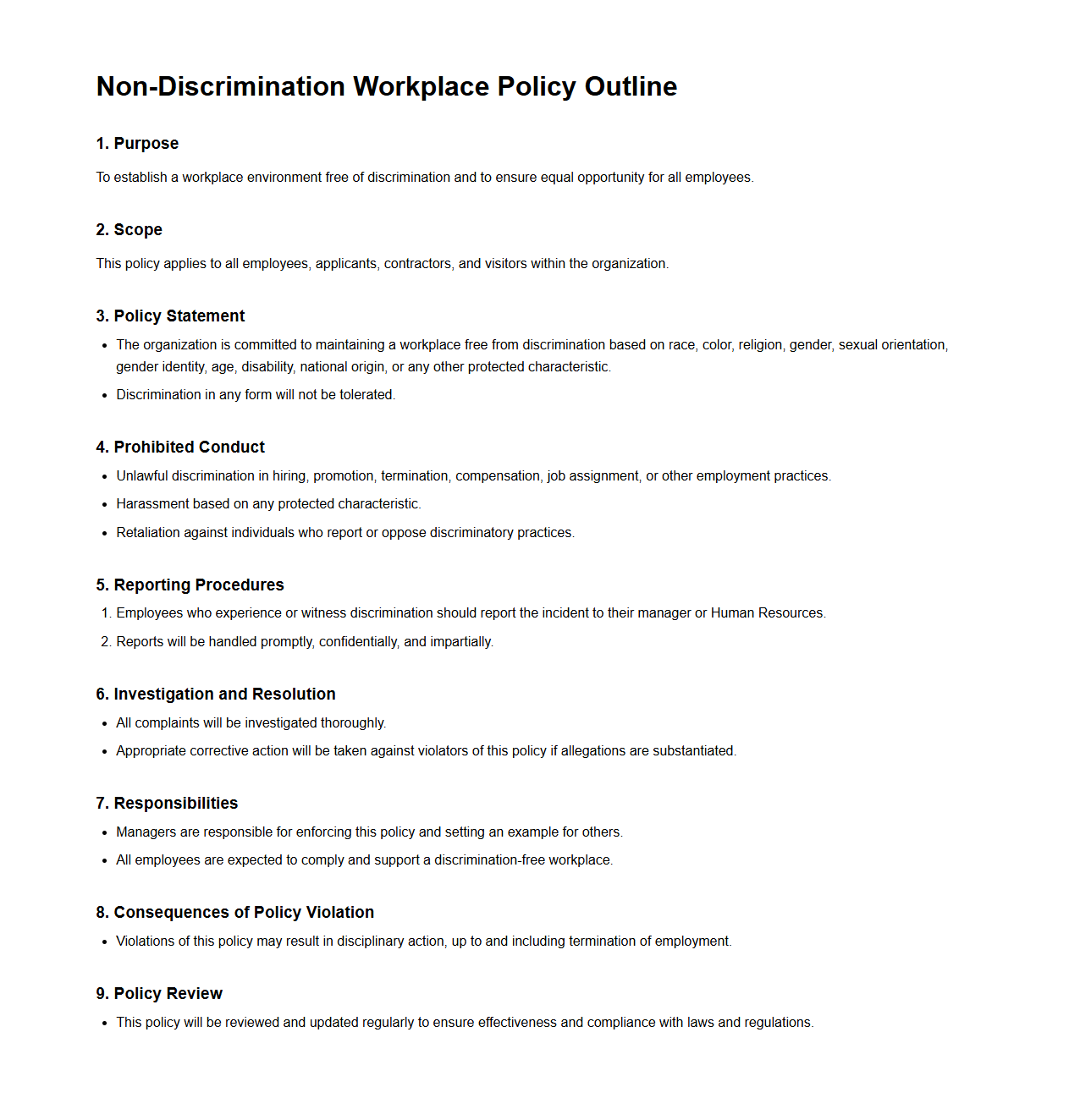 Non-Discrimination Workplace Policy Outline