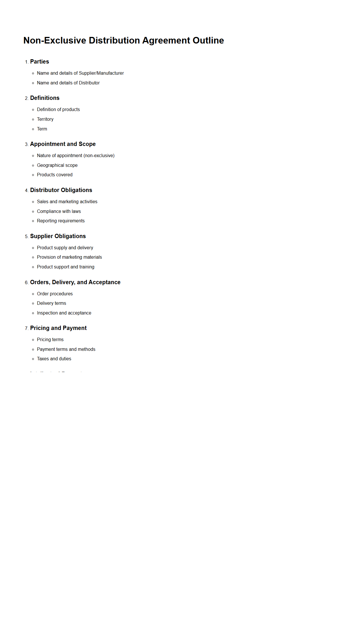 Non-Exclusive Distribution Agreement Outline