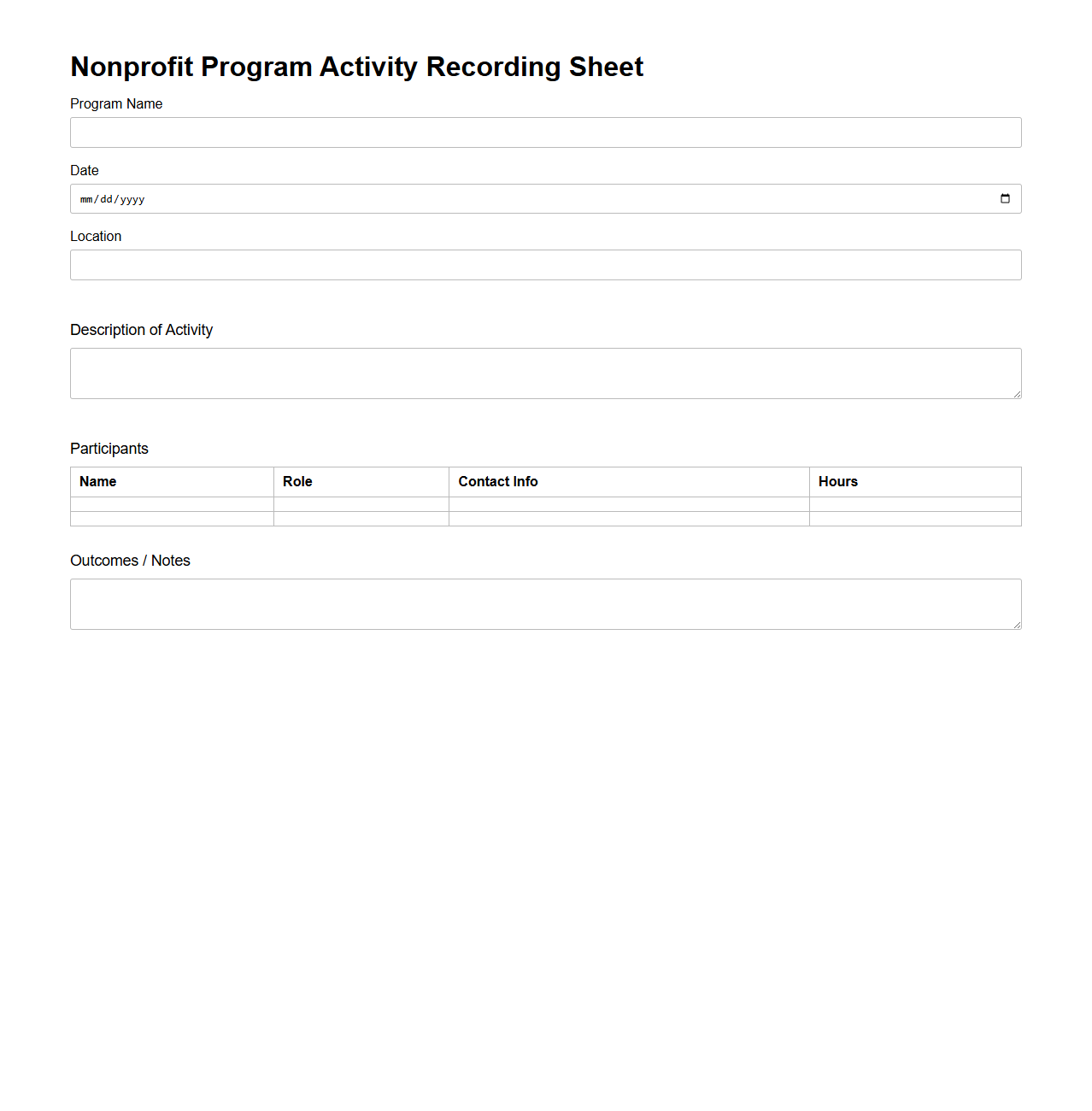 Nonprofit Program Activity Recording Sheet