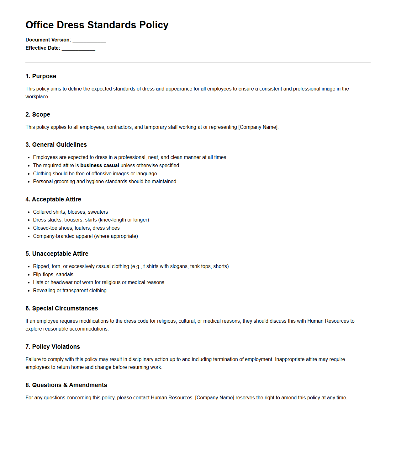 Office Dress Standards Policy Template