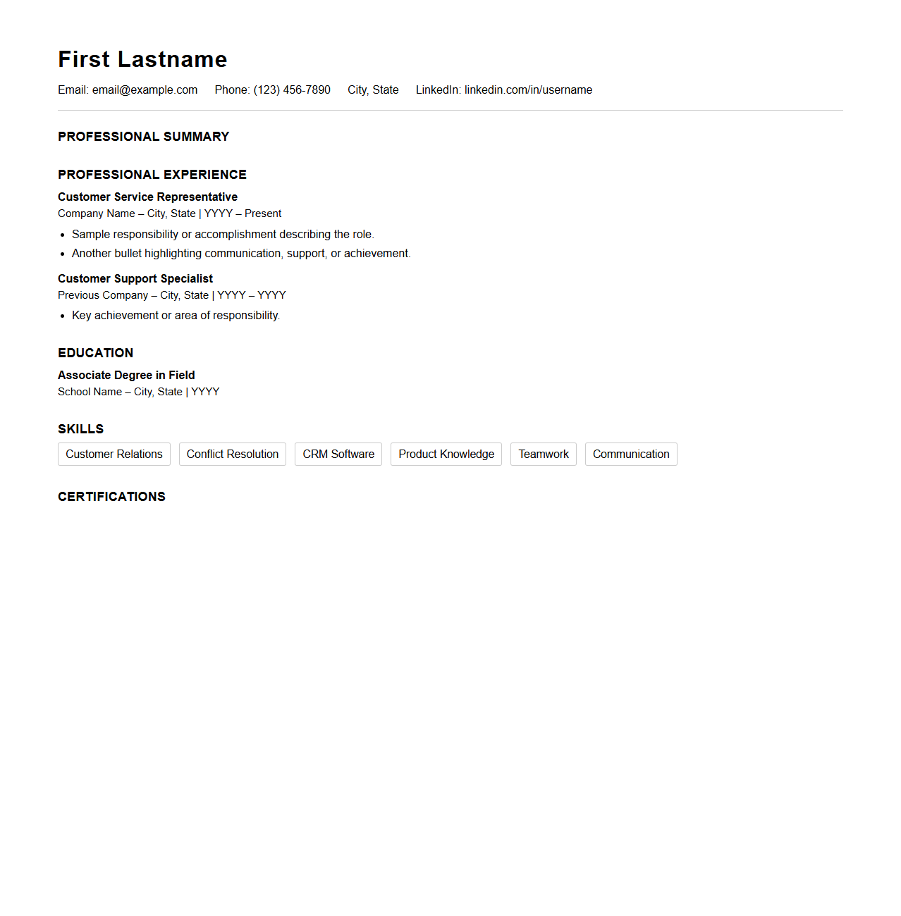 One-Page Customer Service Resume Structure