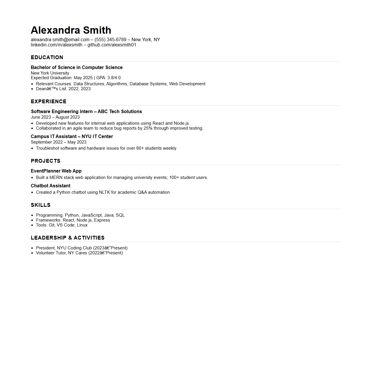 One-Page Student Resume Sample
