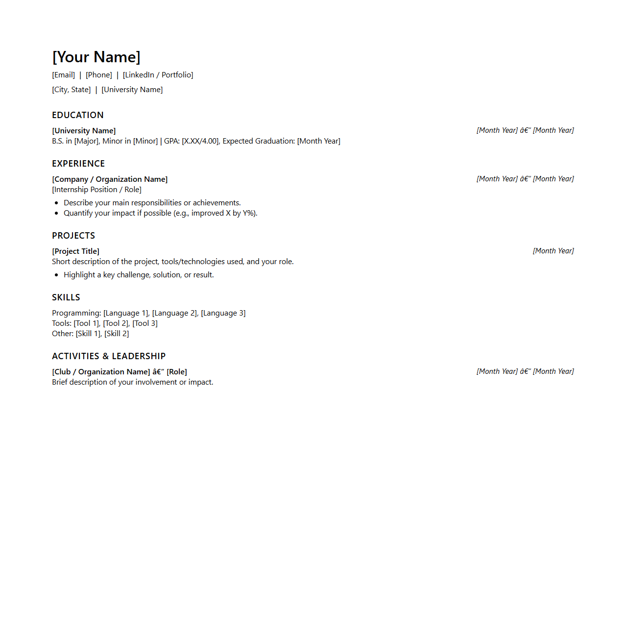One-Page Student Resume Template for Internship Opportunities