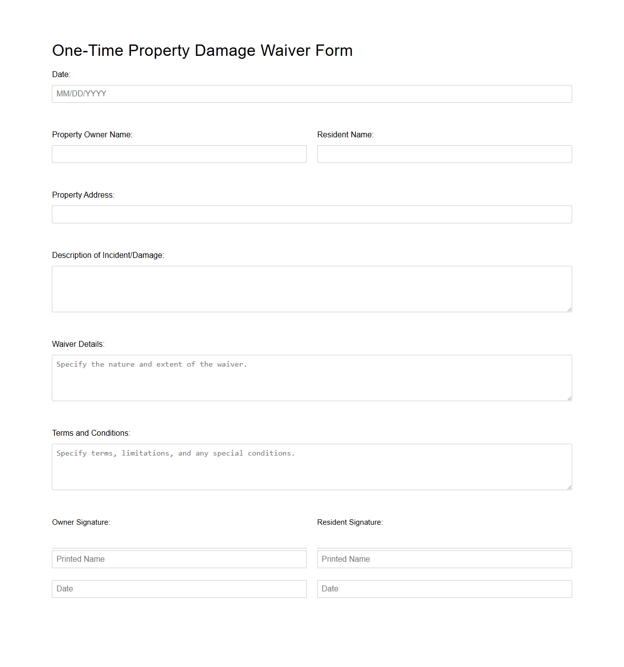 One-Time Property Damage Waiver Form