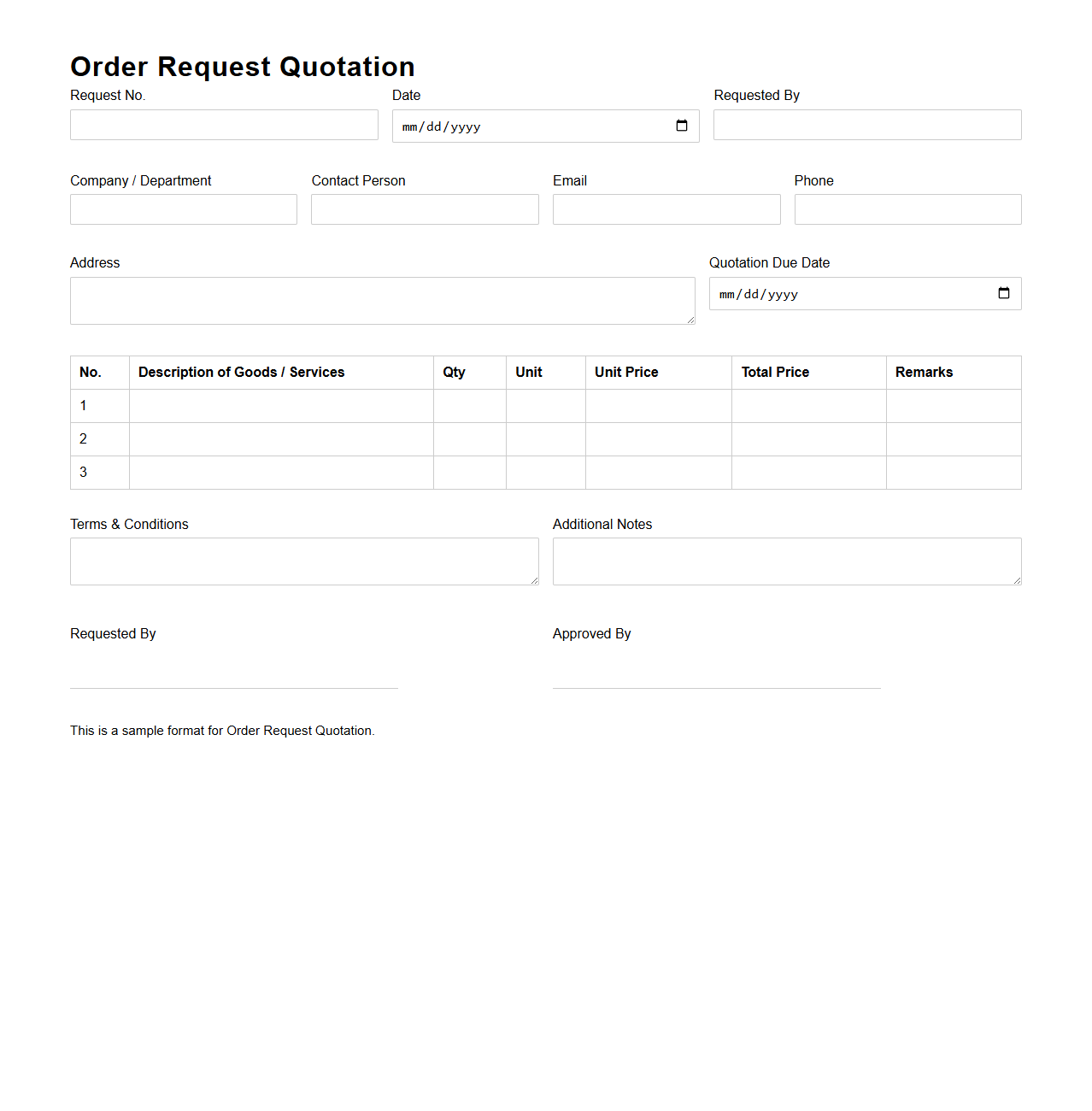 Order Request Quotation Format