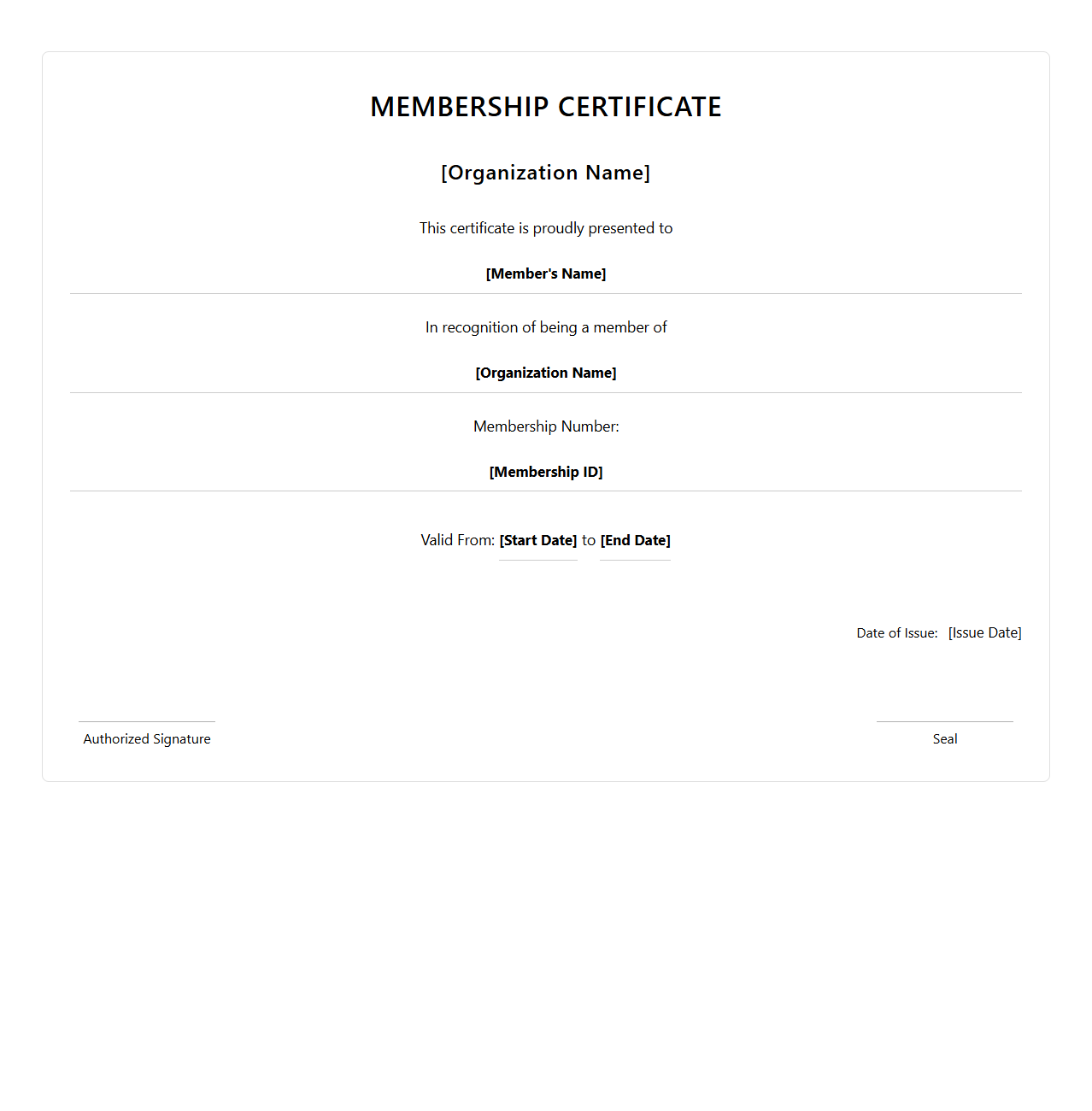 Organization Membership Certificate Format